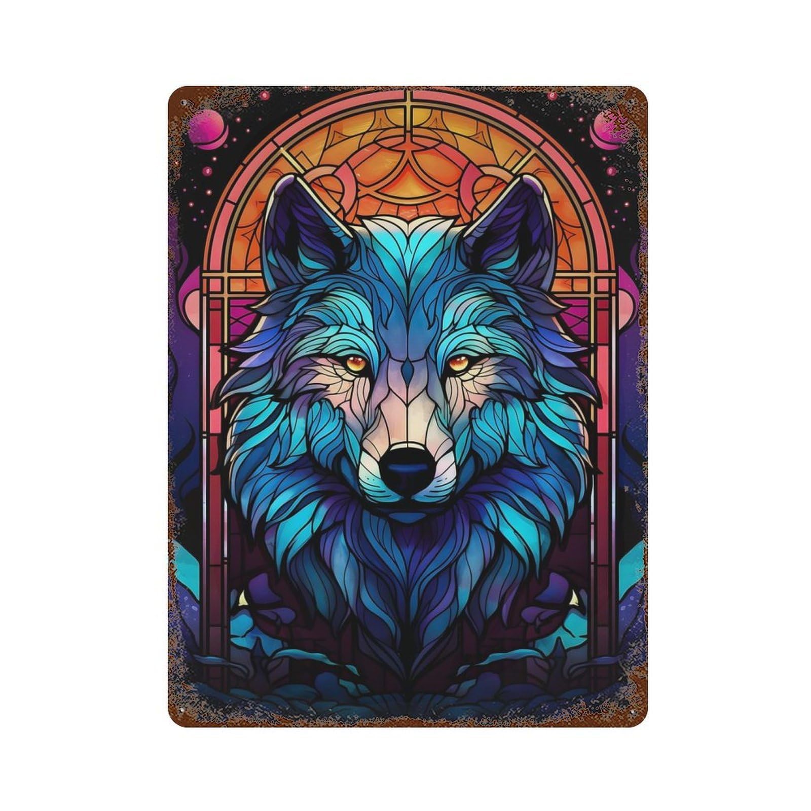 Wolf Stained Glass Colorfu Decorative Tin Sign 15.7"x11.8", Ideal for Garage, Bar And Workshop Decor