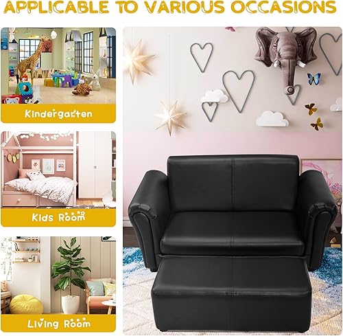 Miniatura 7 de HONEY JOY Sofá para niños, sofá de 2 asientos para niños pequeños, cama con otomana, construcción de madera resistente, sillón tapizado de piel