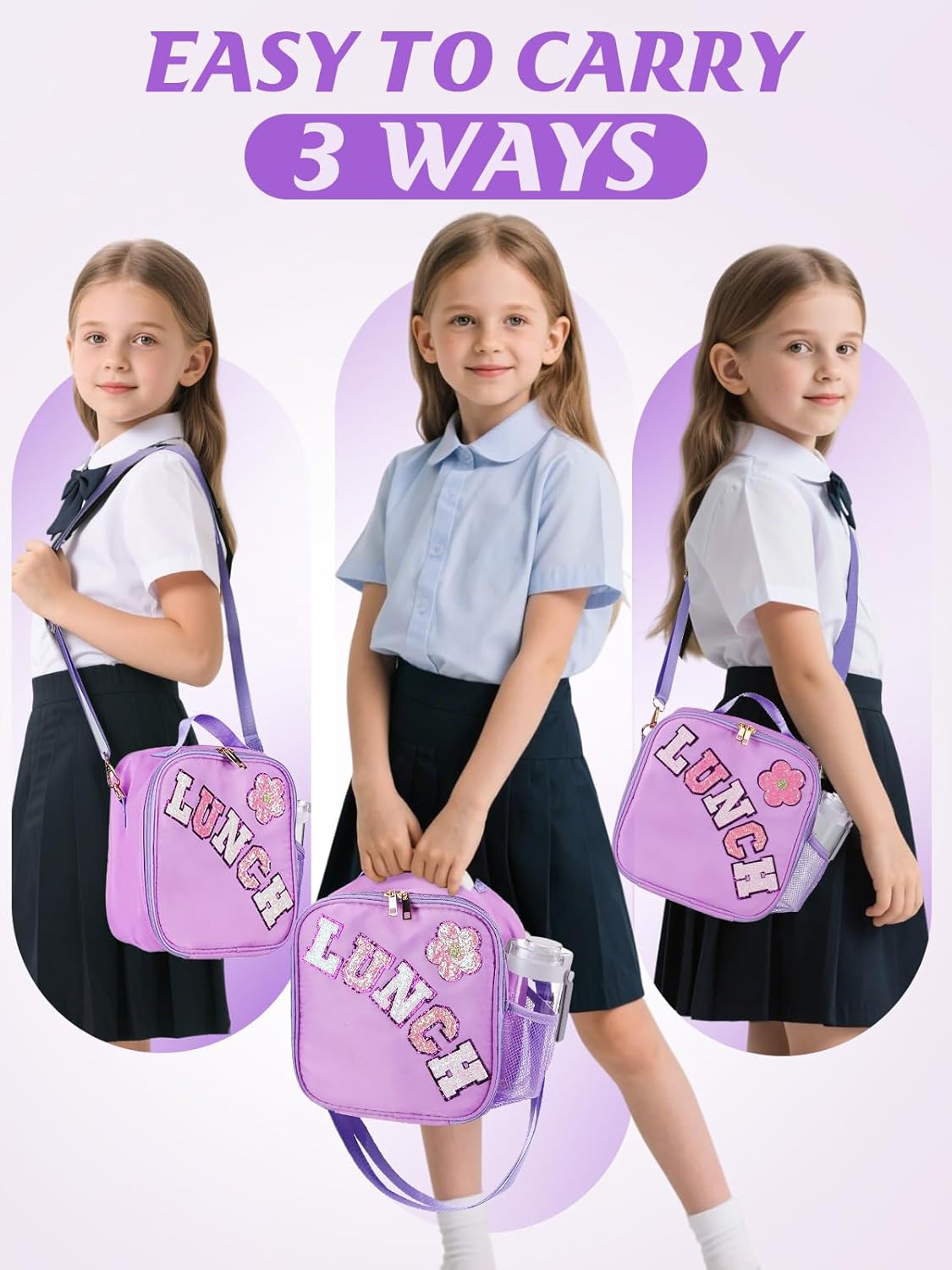 Alphatool Insulated Kids Lunch Bag with Adjustable Strap - Reusable Easy to Clean Lunch Bag for Girls, Hold Kids Lunch Box Snacks Water Bottles for School, Purple - Image 6