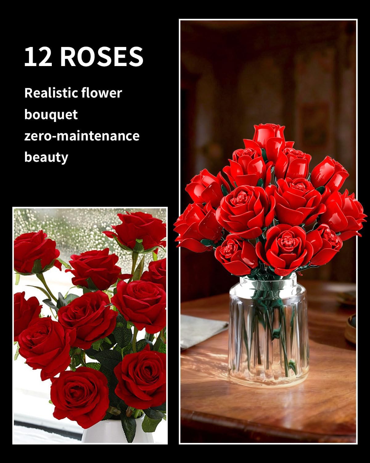 TYCOLE Red Rose Bouquet Building Set, 12 Artificial Roses Flower Building Blocks for Adult Women, Botanical Collection Home Decor Romantic Gift for Mother's Day Valentine for Adults Girls (512 PCS)