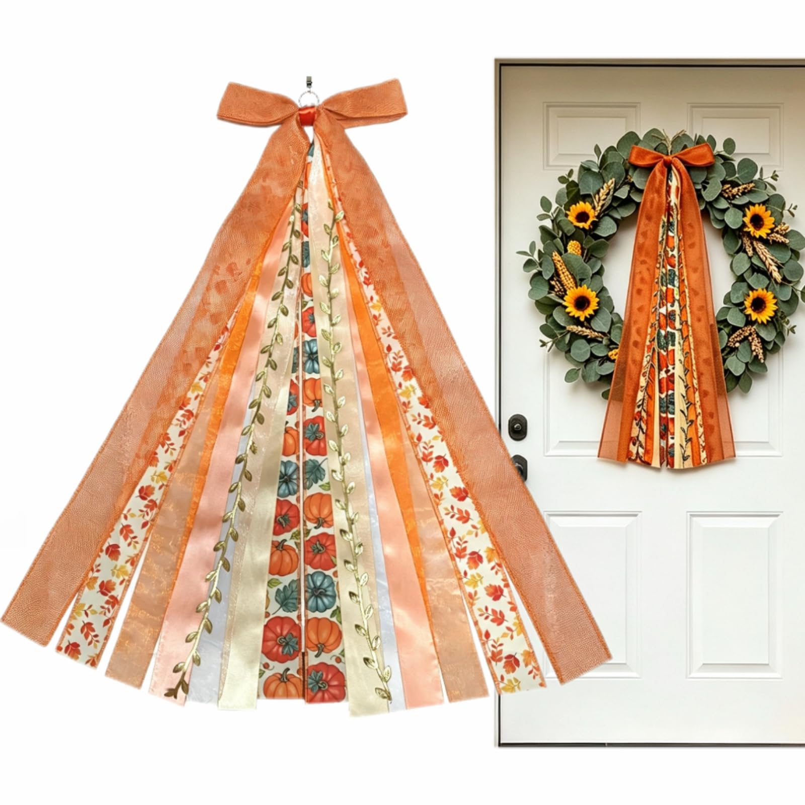 Fall Bows for Wreaths, Clip-On Wreath Sash Ribbons for Front Door,Fall Decor for Thanksgiving Harvest Festival, 27.5x8.6 Inch