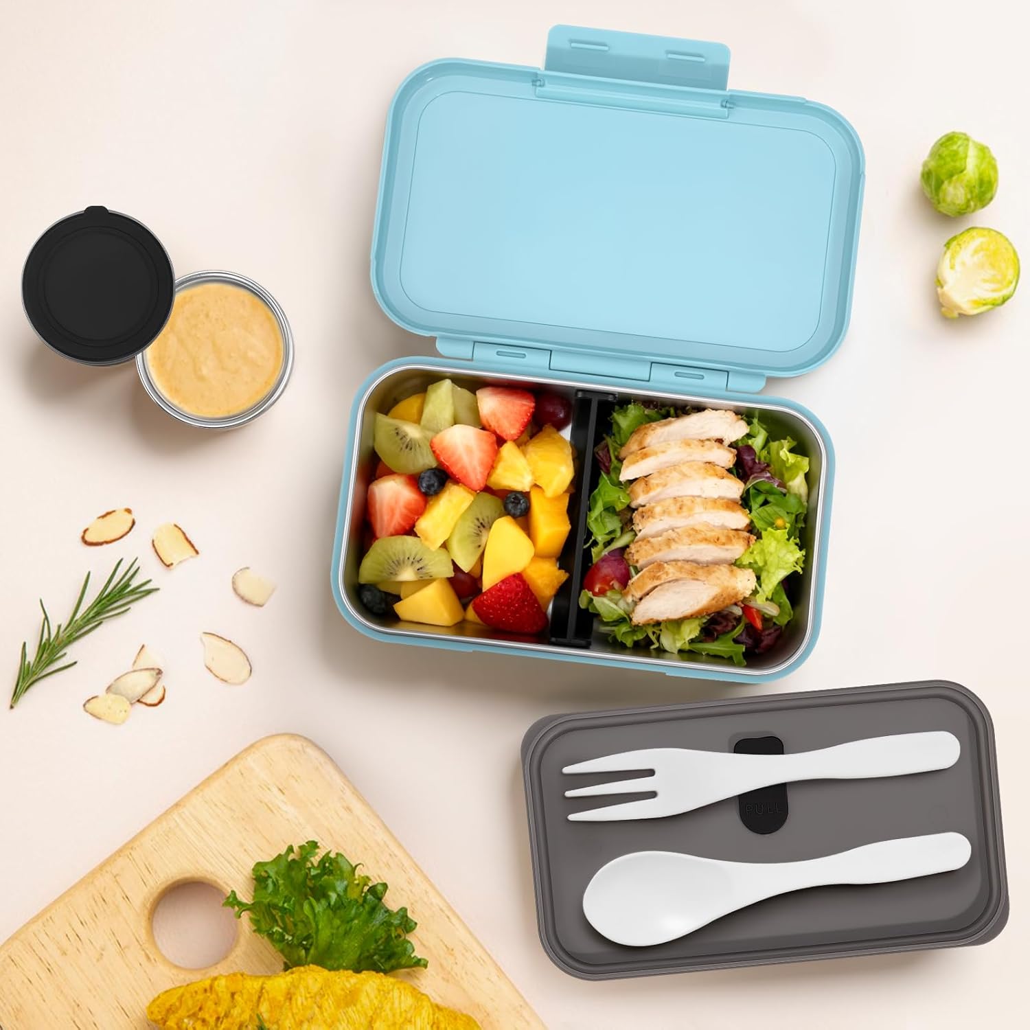 JSLOVE Stainless Steel Lunch Bento Box for Adult, 30oz Leak-Proof Lunch Container, Stainless Metal Kid Bento Box with Adjustable Divider, Sauce Container, Microwave, Dishwasher & Freezer Safe(Blue)