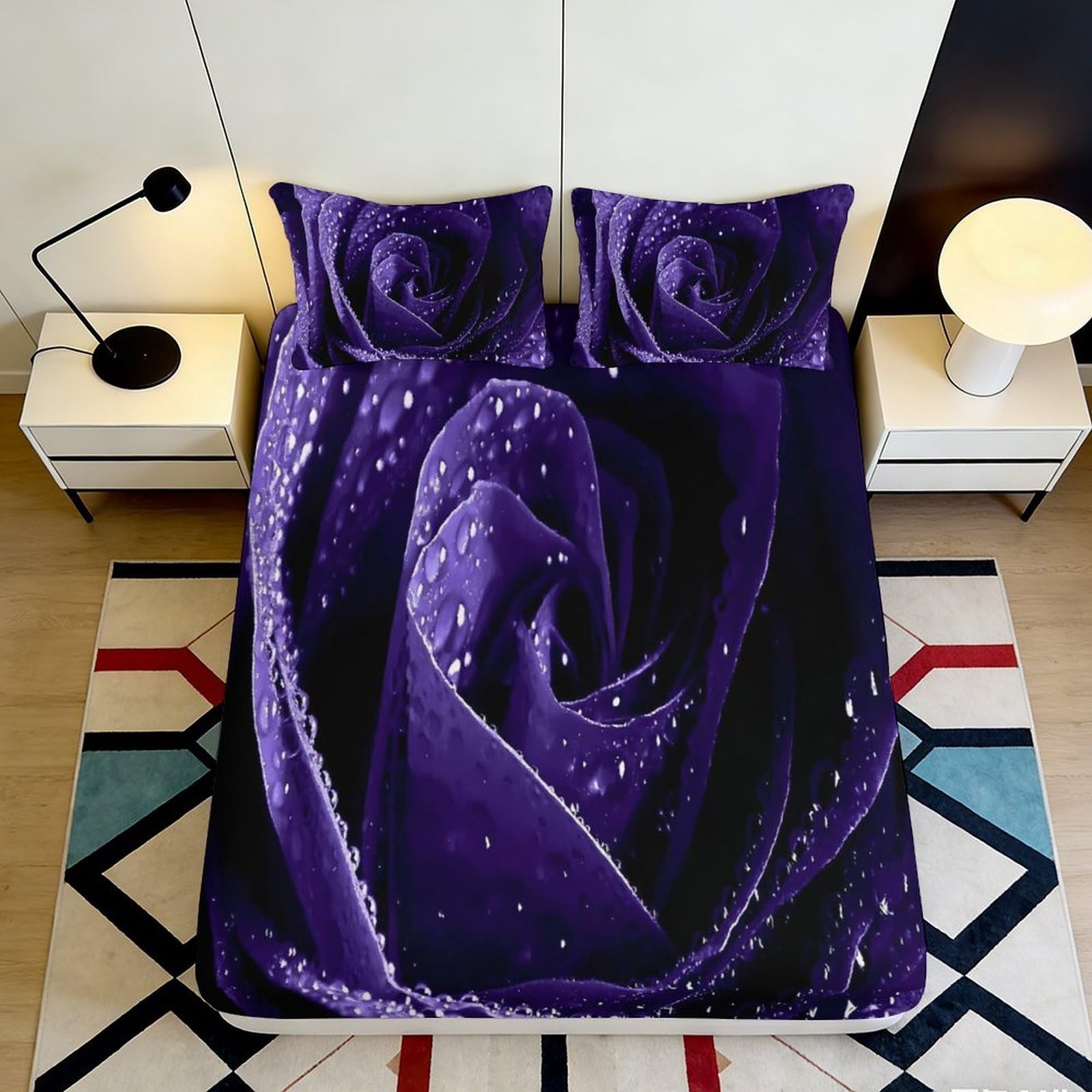 3D Printed Purple Rose Fitted Sheet Microfiber Soft Bed Cover Waterdrop Floral Mattress Cover Bedroom Decor 90x200x25cm