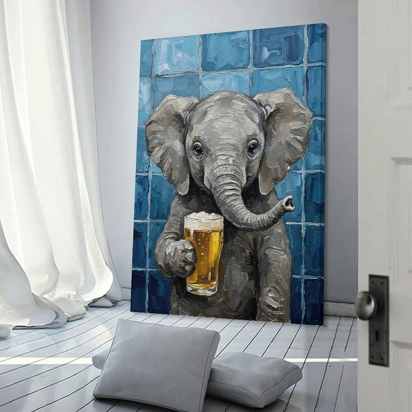 Junmoney Elephant with Beer Painting Wall Decor Canvas Print, 08x12inch(20x30cm), for Wall Displays, Bedrooms Or Room Updates, Wall Decor Suited to Curated Displays