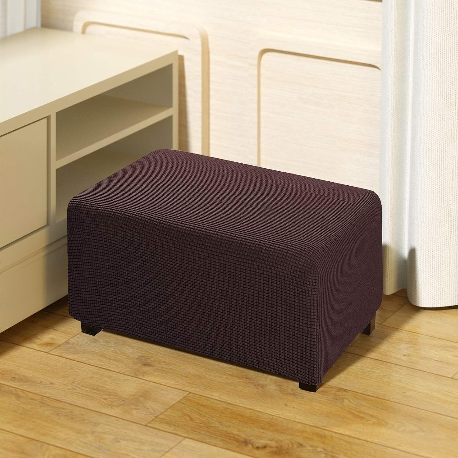 QUALITELL Ottoman Slipcover Stretch Footstool Cover Furniture Protector for Living Room - Brown, Small