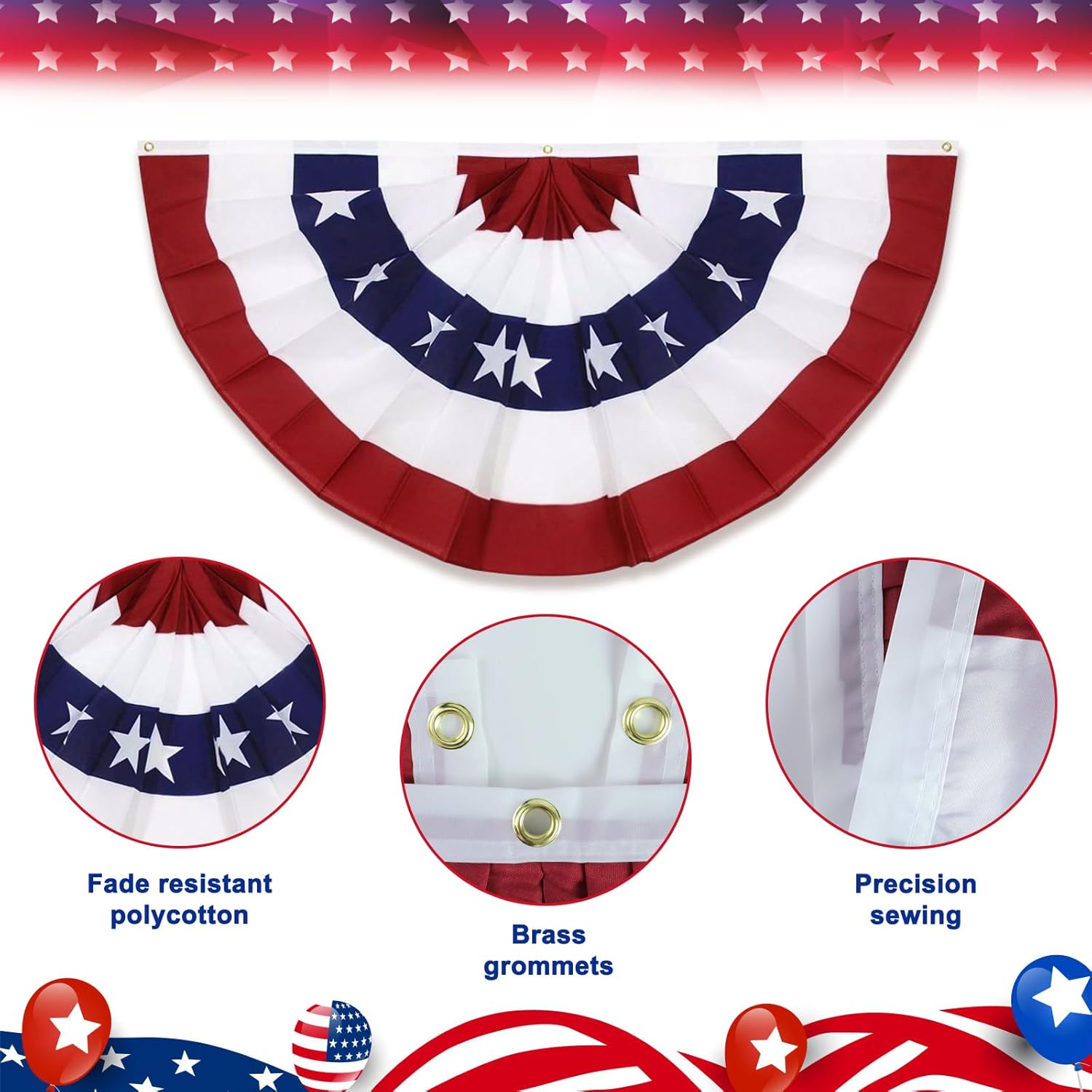 8 Pack 2x4 Ft American Pleated Fan Flag, USA Patriotic Half Fan Bunting Flag with 3 Brass Grommets for 4th of July Memorial Day Independence Day Outdoor Indoor Decorations - Image 3