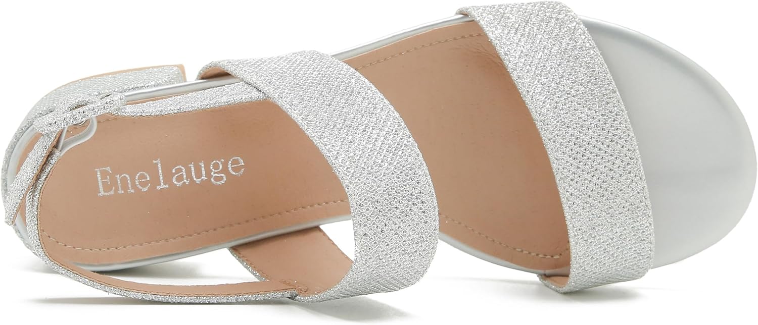 Enelauge Women's Open Toe Ankle Strap Low Block Chunky Heels Sandals Holiday Party Wedding Dress Shoes Silver 46-12US - Image 4