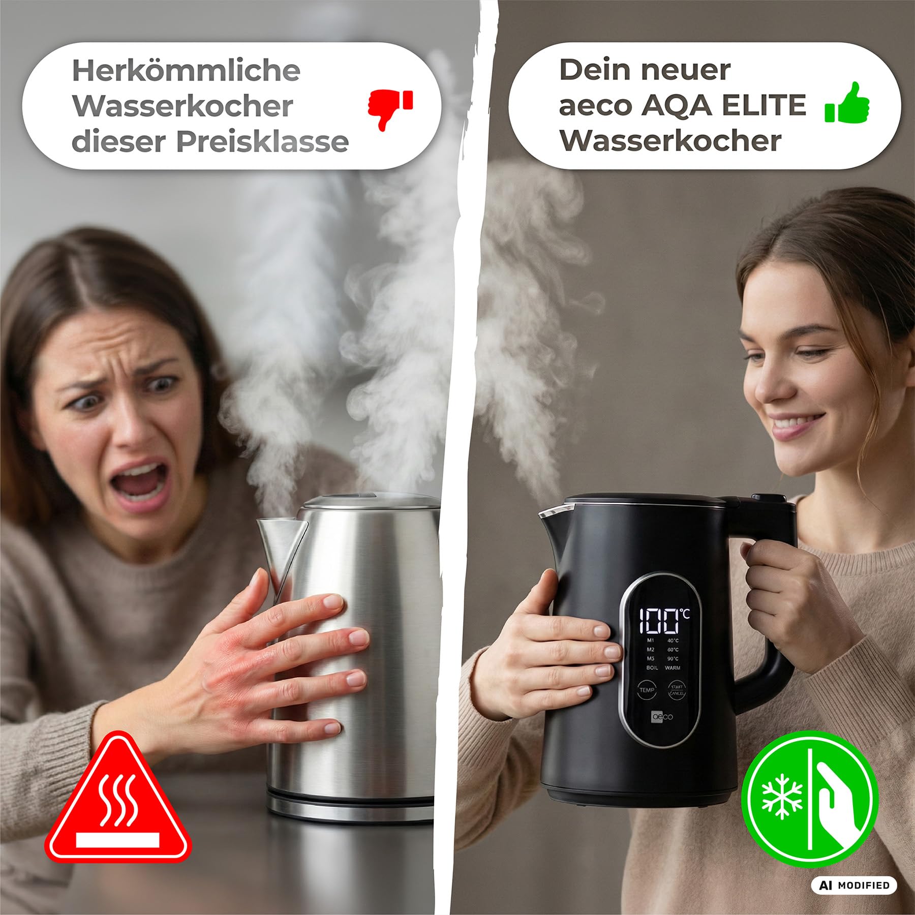 aeco AQA ELITE elektrischer Wasserkocher Edelstahl schwarz-matt mit Temperatureinstellung Tee-Kocher Teebereiter electric kettle tea-maker | 1,5 Liter, 2200 Watt, BPA-frei, Kalk-Filter, Cool-Touch