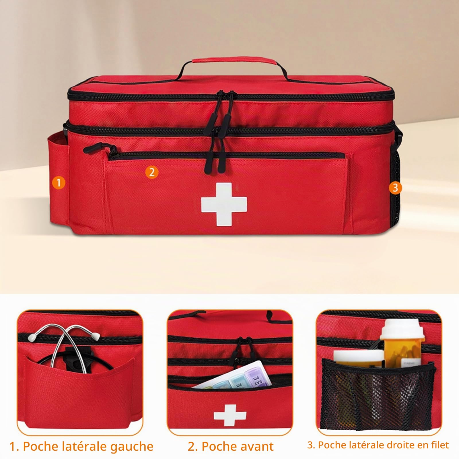 Sac médical portable étanche et résistant à l'usure avec bandoulière amovible, sac de premiers secours vide pour la maison, les voyages, les urgences, rouge (18 x 23 x 40 cm), rouge