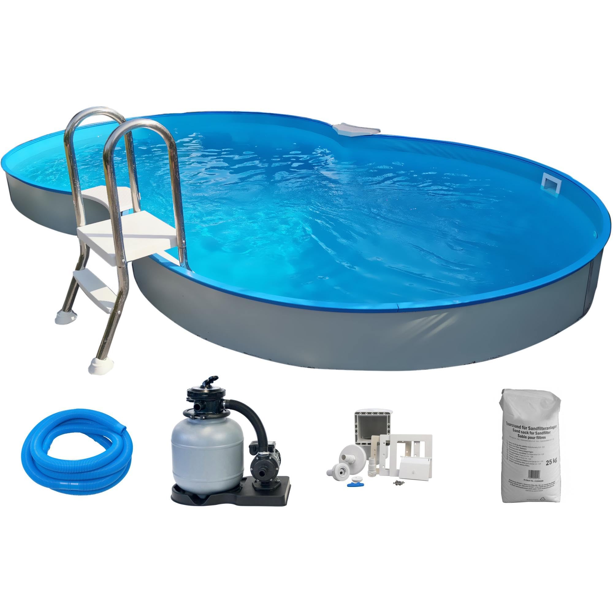 Stahlwandpool Set achtform Cannes 625x360x150cm, Stahl 0,8mm weiß, Folie 0,6mm blau, Einhängebiese
