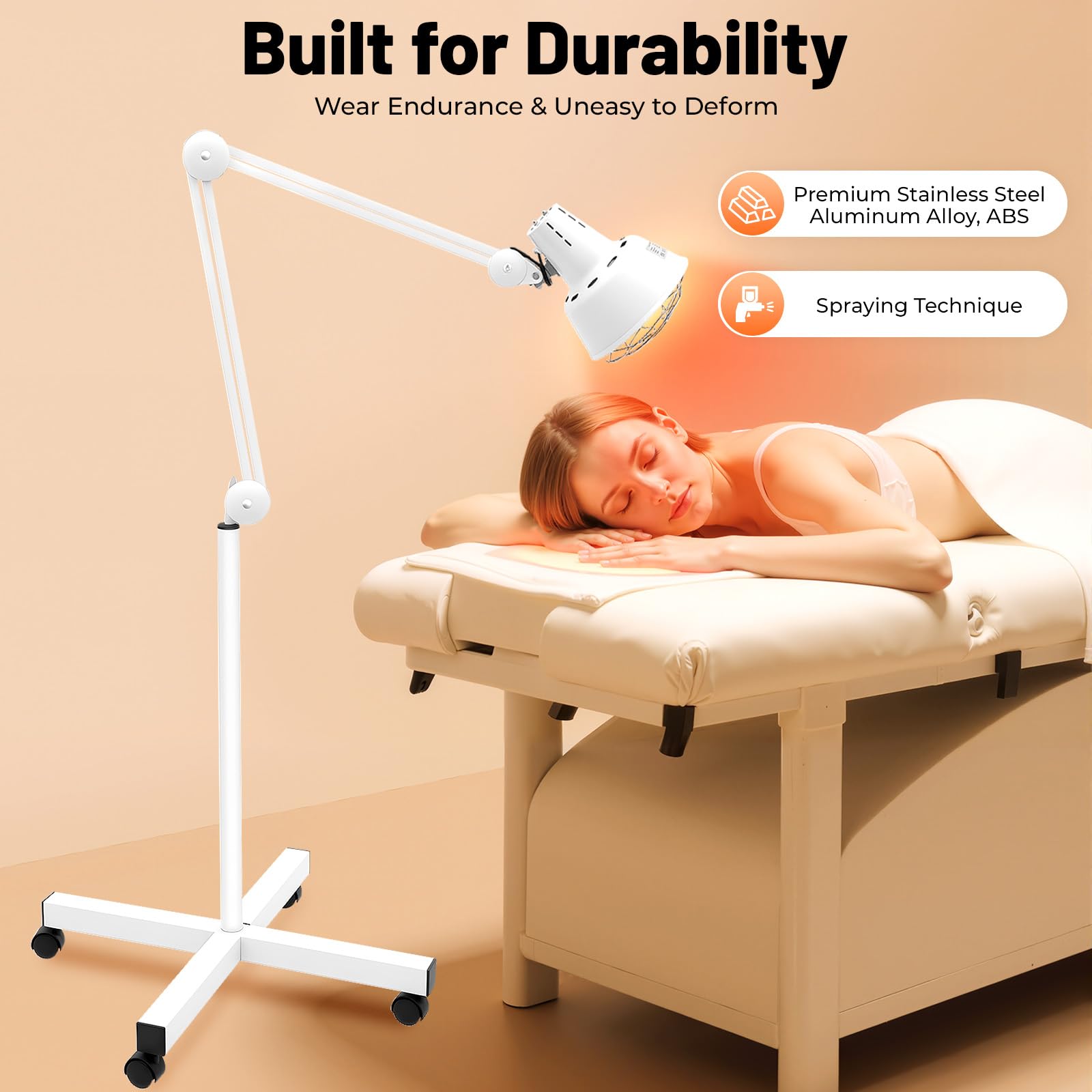 Lámpara infrarroja de luz roja, 275 W, lámpara infrarroja, lámpara de calentamiento con soporte y 4 ruedas universales, luz roja, lámpara terapéutica ajustable 0-90 °C, giro 360°, para masaje