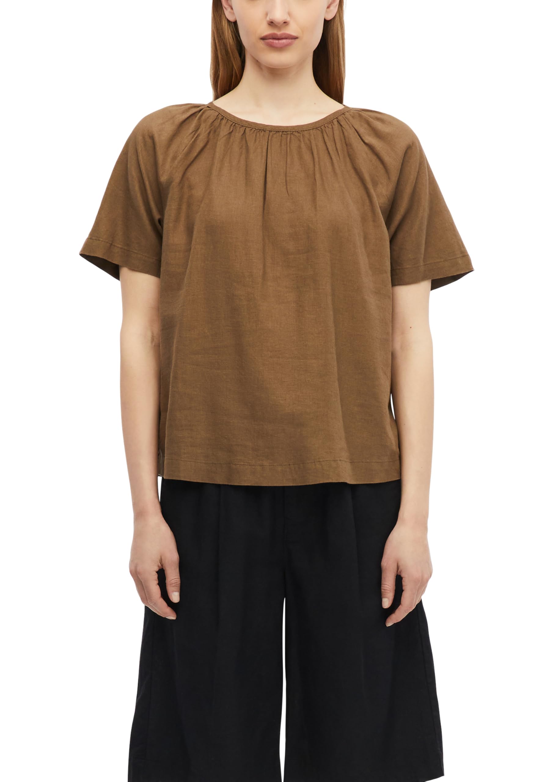 s.Oliver Damen Bluse – Relaxed Fit, Leinenmix, Kurzarm mit Raffung und Schleife