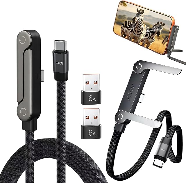 2 Pack 2 en 1 Cable de Carga con Soporte Invisible 240W con Adaptador USB A | Cable Carga Rapida Tipo C Trenzado con soporte ajustable en múltiples ángulos, para iPhone, Samsung, iPad, tablets, 1,5 m
