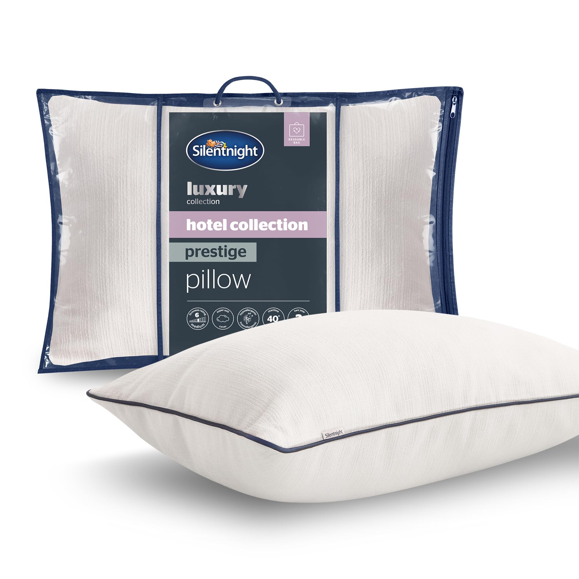 Silentnight Prestige Hotel Collection Pillow - Deeply Filled With Down-Like Ball Fibres - Luxurious Sink-In Bounceback - Brushed Twill Cover - Synthetic Down Alternative Pillow, Hypoallergenic