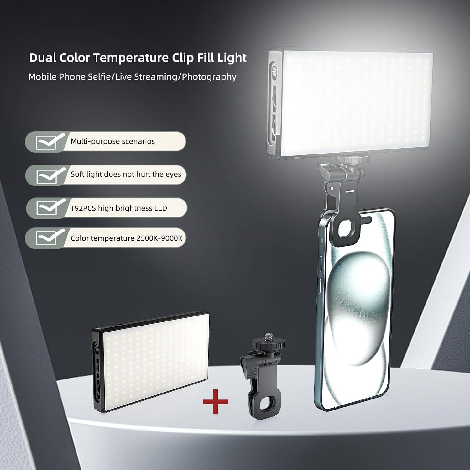 192 LED Phone Light with Silicone Suction Cup 3000Mah Rechargeable Clip Video Light Adjusted 3 Modes Selfie Light for Phone for Selfie, Video Conference, TikTok, Vlog (Black)