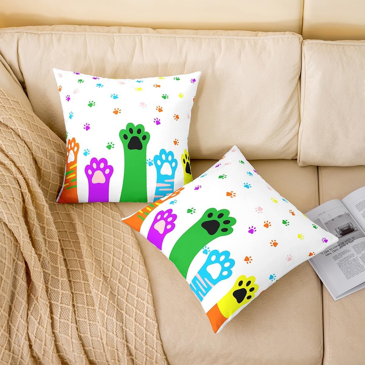 Manfei Colorful Cat Paws Double Sides Print Pillow Covers,Kawaii Pet Cats Lovers White Throw Pillow Case Covers,Cute Kitten Animal Footprint Cushion Covers,2 Pack 24"x 24" image 2