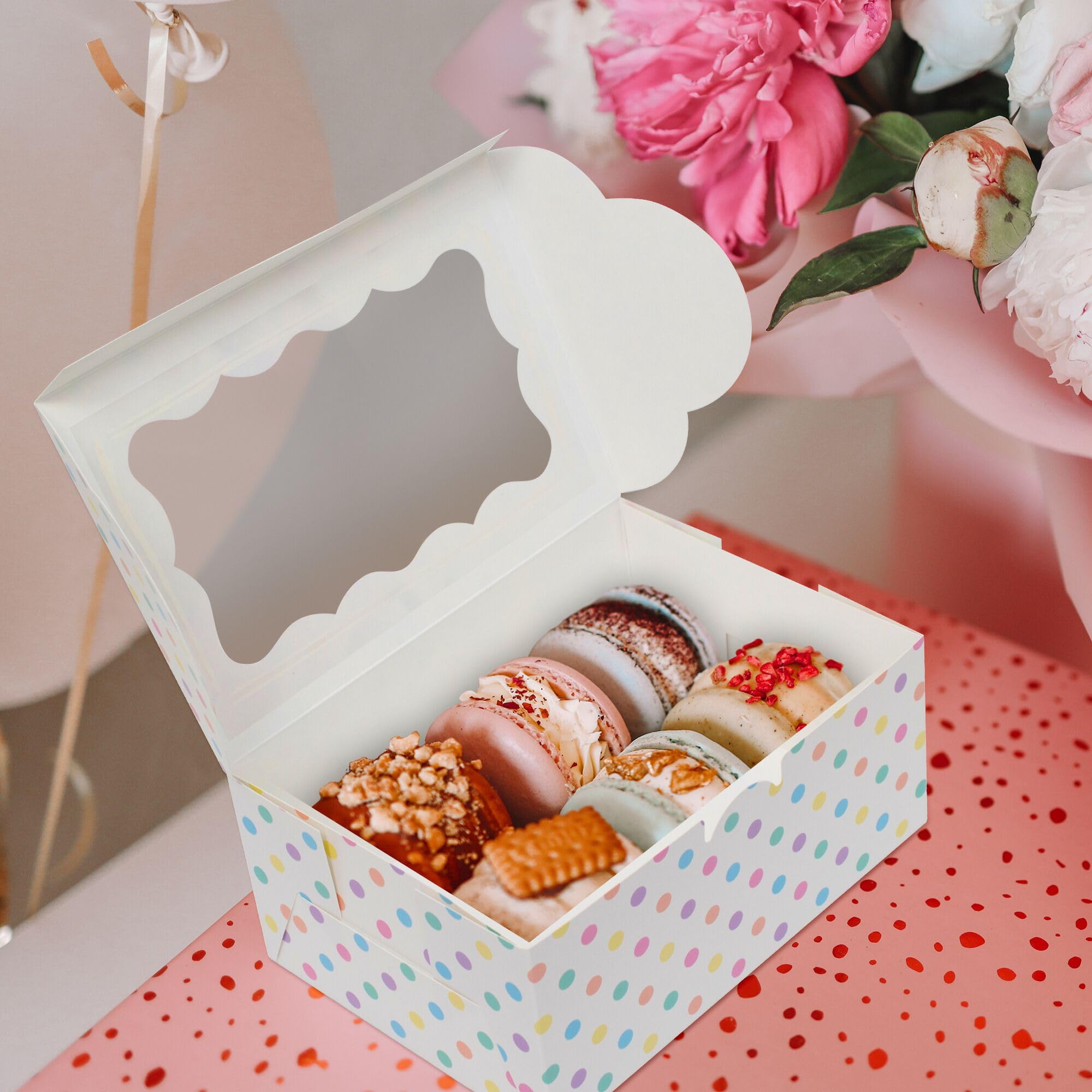 Cajas de galletas de lunares, paquete de 12 unidades, cajas de galletas de lunares pastel con ventana, bonitas cajas de regalo de panadería coloridas para cumpleaños, cupcakes, pasteles, fresas