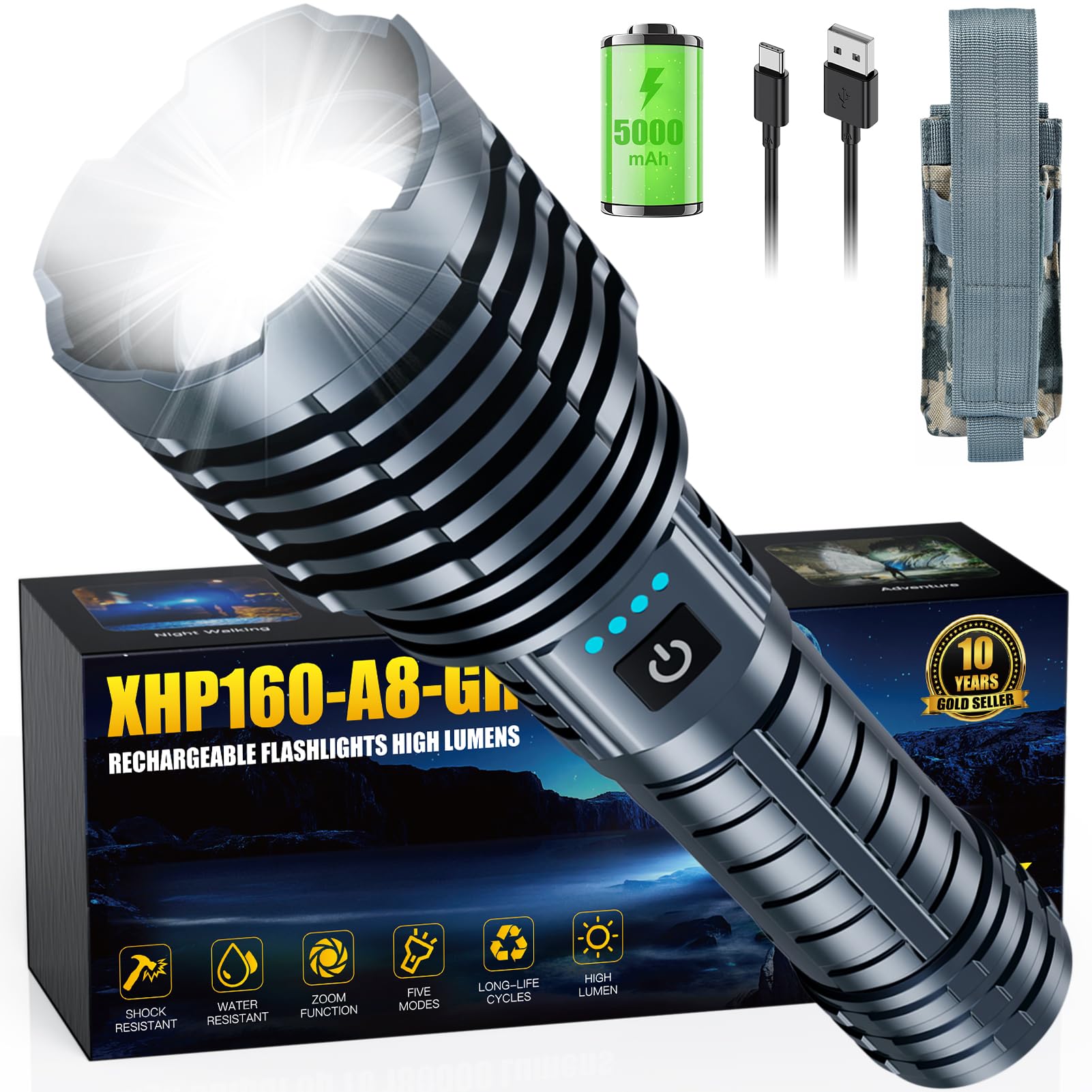 ABUNRO Taktische LED-Taschenlampe (2 Stück) – Superhell, Zoombar, 5 Modi & Wasserdicht