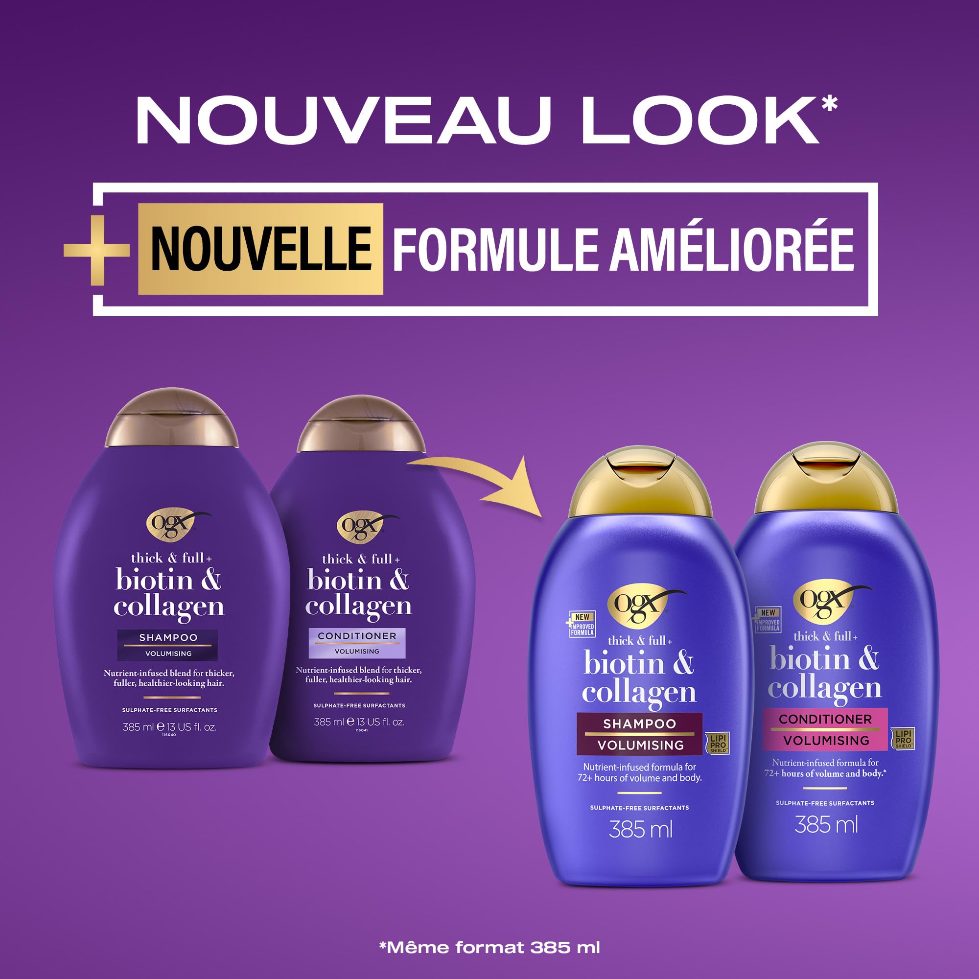 OGX – Shampooing + Après-Shampooing Biotin & Collagen Effet Volume (2 flacons de 385 ml) – Routine de soin cheveux à la biotine et au collagène – Soin capillaire pour 72h de volume