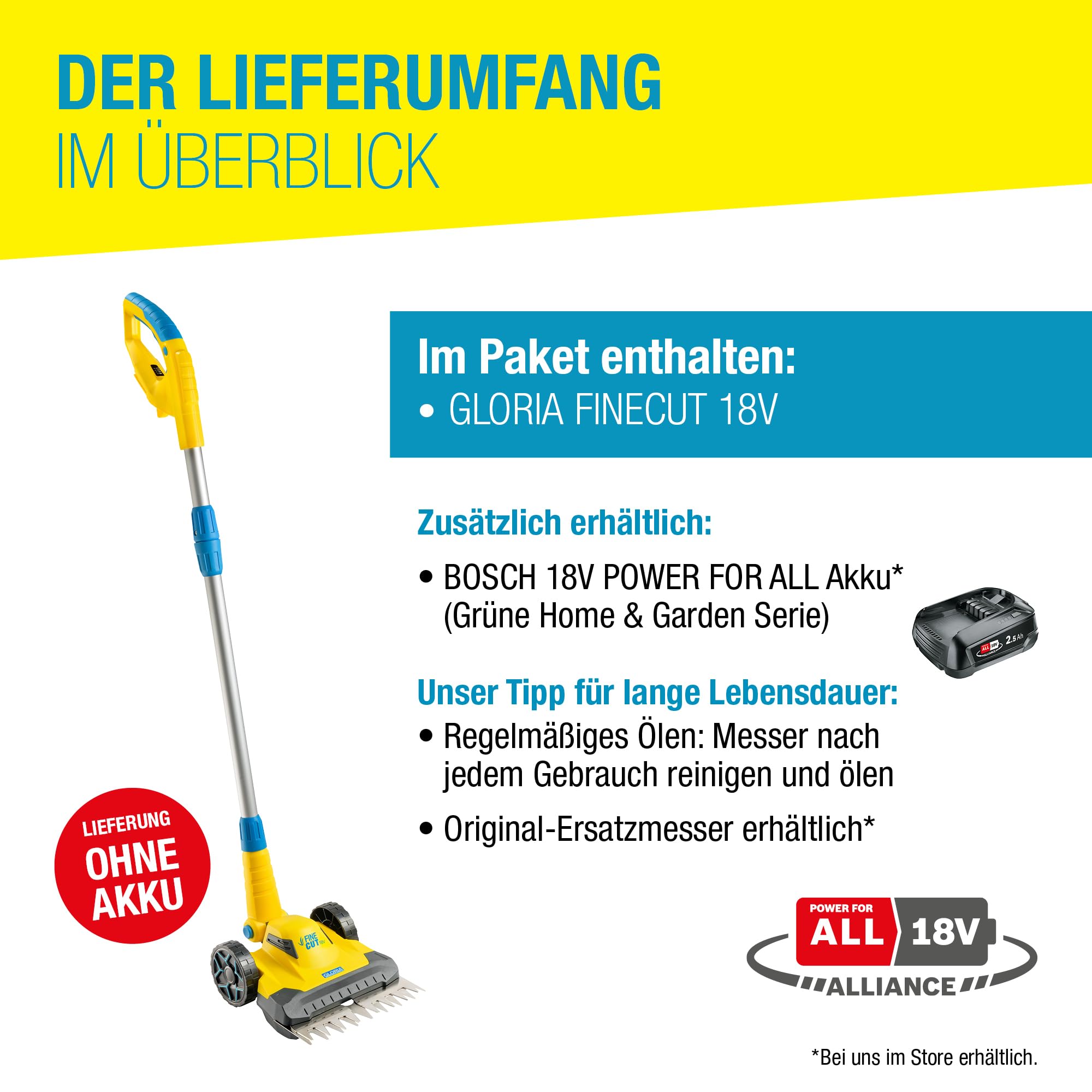 GLORIA Akku Rasen- & Kantenschneider FineCut 18V | Rasentrimmer & Rasenmäher mit 25 cm Schnittbreite | Ideale Ergänzung zum Mähroboter | Rasenkantenschneider kompatibel mit Bosch 18V (ohne Akku)