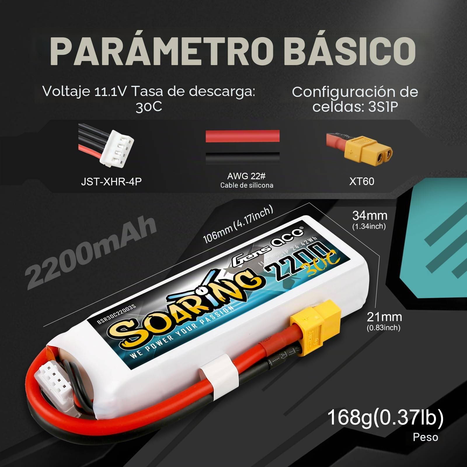 Gens ace 3s Batería Lipo 2200mAh 11.1V 30C Soaring con XT60 para RC Avión, Helicóptero, Quadcopter, Coche, Barco, Hobby