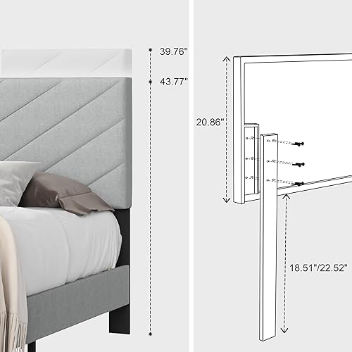 Miniatura 6 de Cama de plataforma tapizada tamaño Queen, base de cama Queen con cabecera de tela, marco resistente y listones de madera, funcionamiento silencioso,