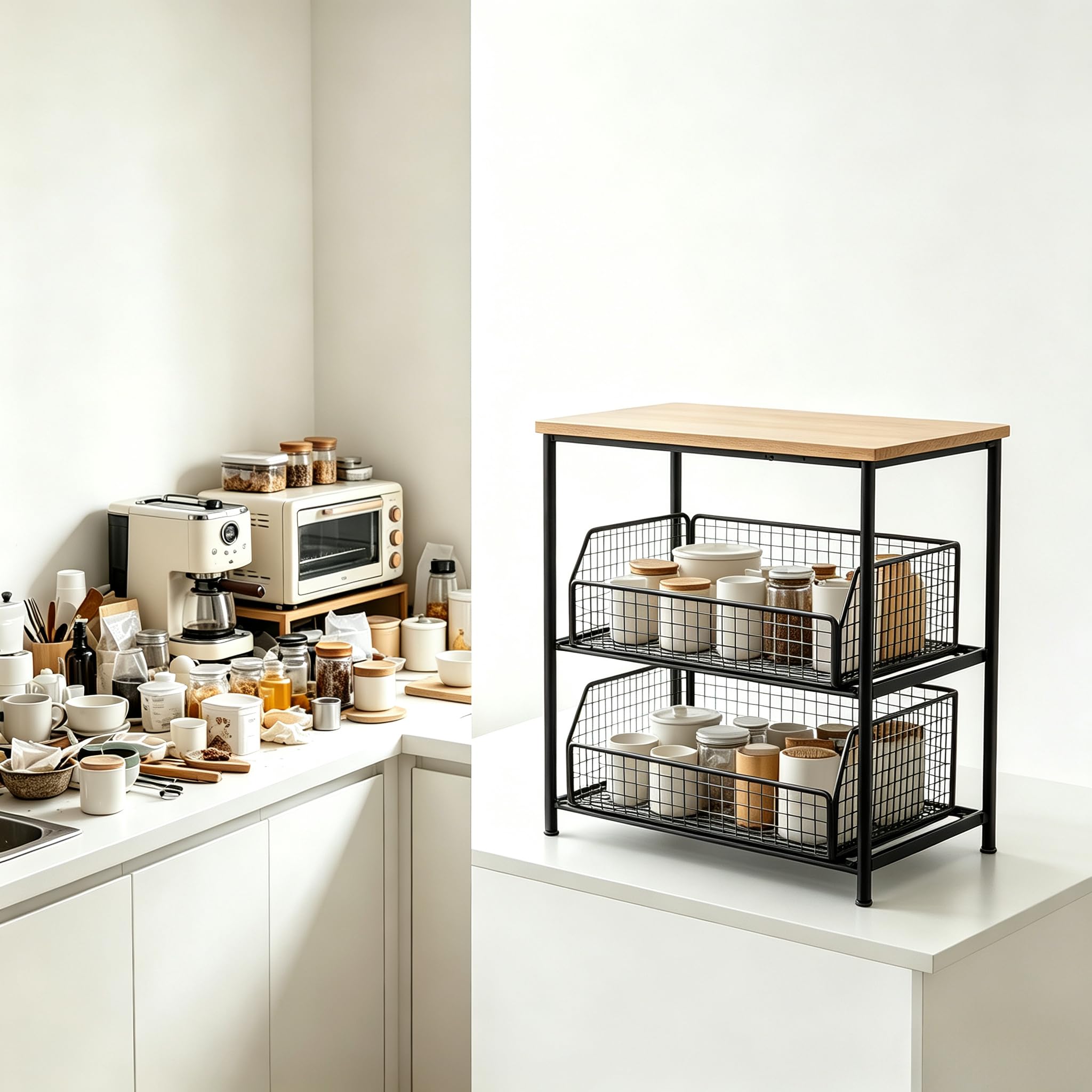 Espressomaschinenständer zweistöckig, Schwarz | Ausziehbarer Gitterkorb, Kaffeebar Organizer, Für Espressomaschine, Miniofen, Luftfritteuse, Holzplatte & Metallgestell