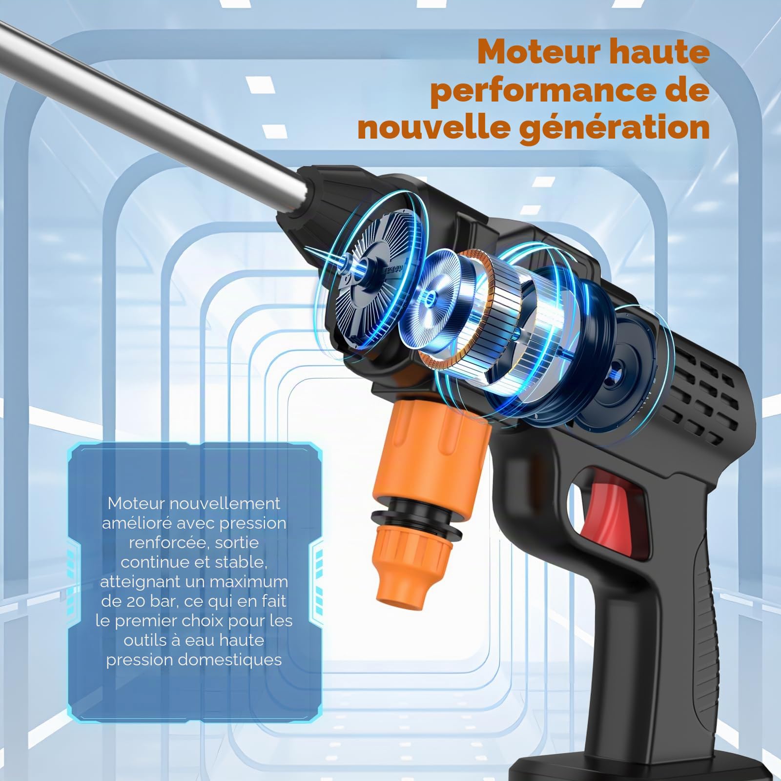 Nettoyeur Haute Pression sans Fil 35 Bar 240 l/h - Pistolet de Lavage Mobile 6 en 1 - Buse réglable - Tuyau de 5 m - Pistolet Portable avec Batterie de 3000 mAh - pour Le Lavage de Voiture