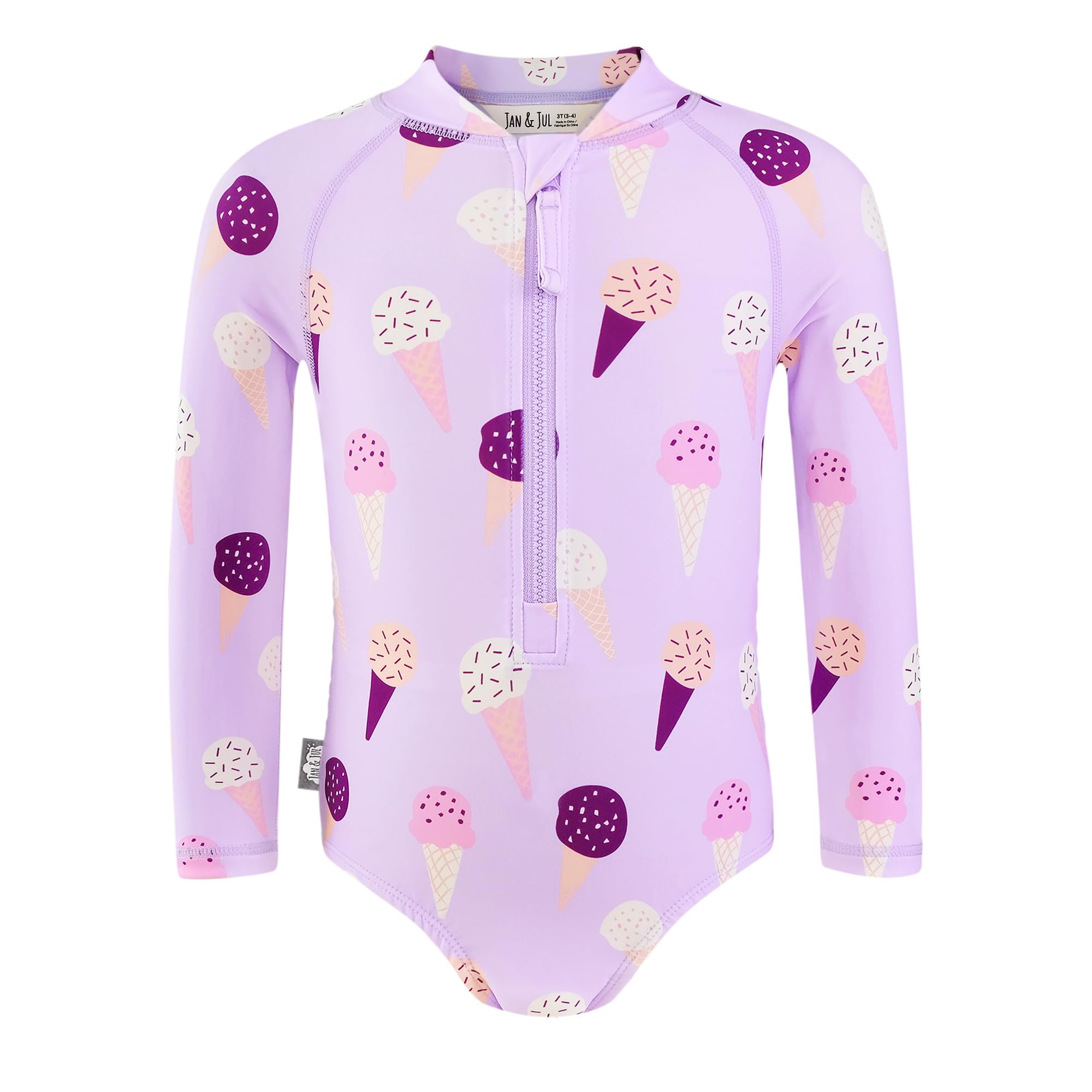 JAN & JUL One Piece Baby Girls' Swimsuit, Long Sleeve Bathing Suit for Swimming (Lavender Ice Cream, Size 12m)