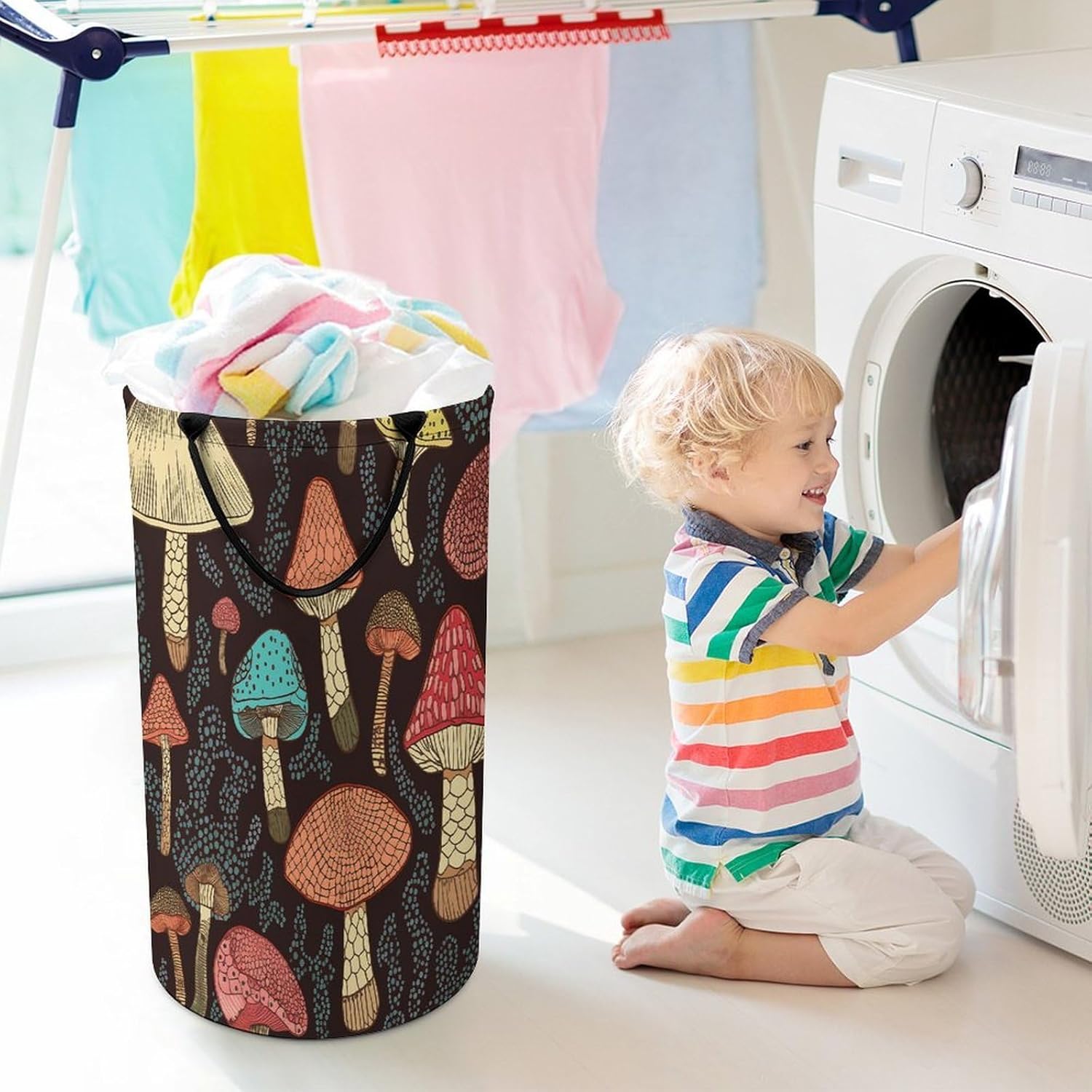 Mushroom Laundry Basket Large Foldable Laundry Hamper with Handles Freestanding Collapsible Clothes Basket Waterproof Portable Dirty Clothes Hamper for Bathroom 86L