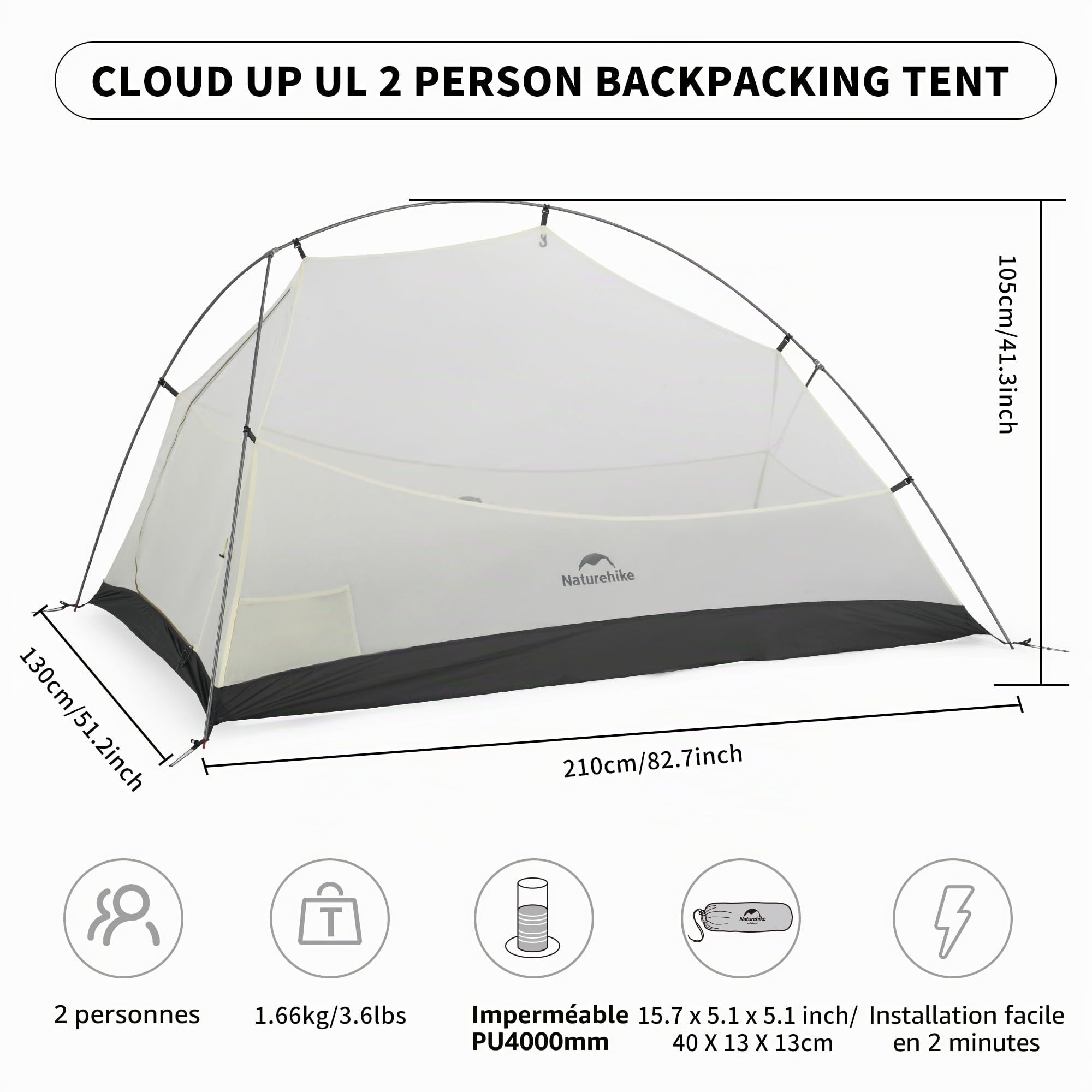Naturehike Cloud Up Pro Tente 2 Personnes Tente de Camping Légère, Facile à Monter Tente Dôme Coupe-Vent & Imperméable pour Voyage en Extérieur Trekking