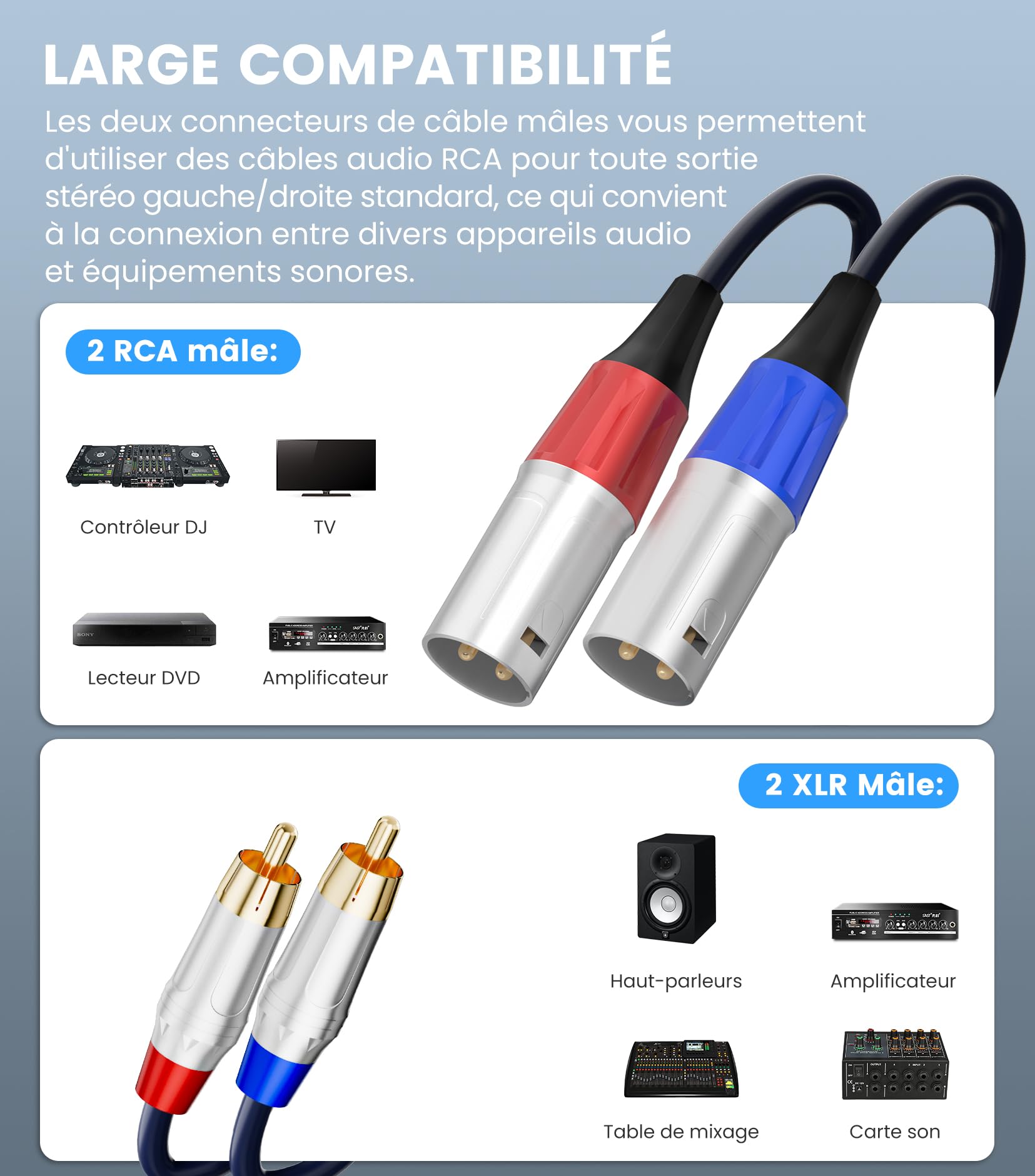 Tisino Câble double RCA vers XLR, 2 RCA vers 2 XLR mâles HiFi stéréo connexion microphone câble câble de chemin - 1 m