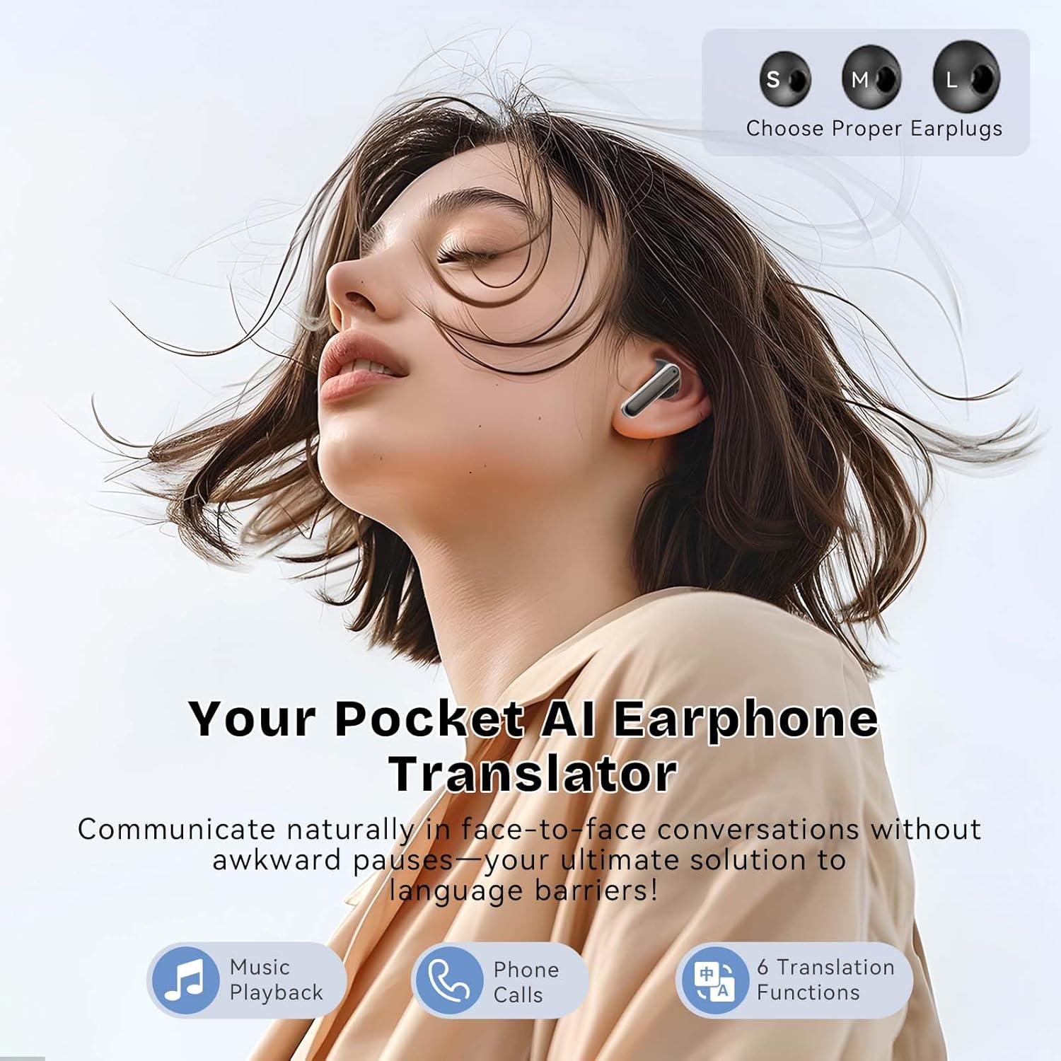 Woman wearing EAKKOR AI Translation Earbuds