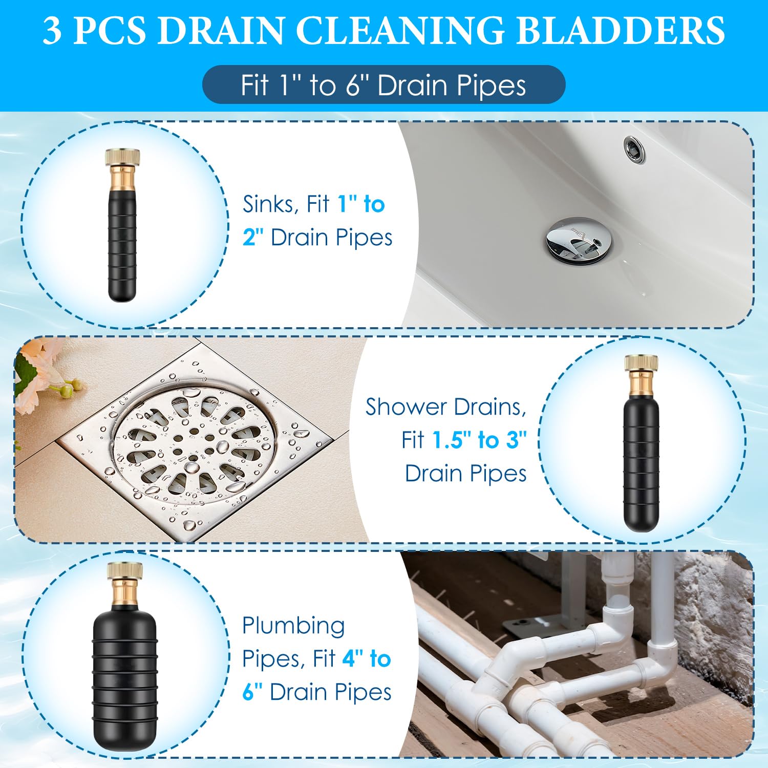 3 Stück Abflussblasen Set, Gummi Abflussreinigungsblase passend für 2,5 cm bis 15,2 cm Rohre Abflussblasen Entstopfung Abflussreiniger für Spülen, Badewannen und Duschen