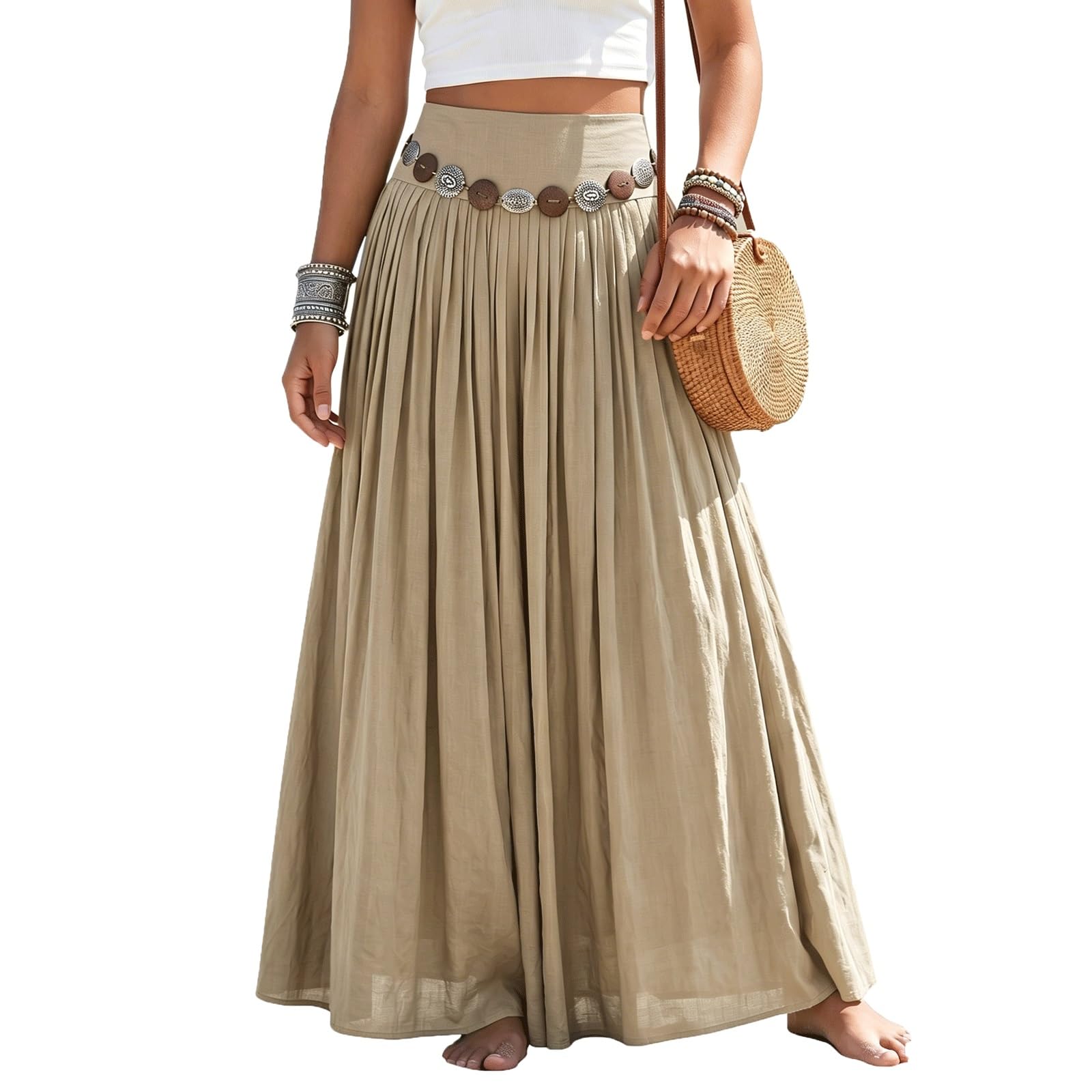 UYHBCNQD Retro Midi Long Skirt Solid Color Women's Maxi Skirts with Waist Chain(Light Khaki,Lagre)