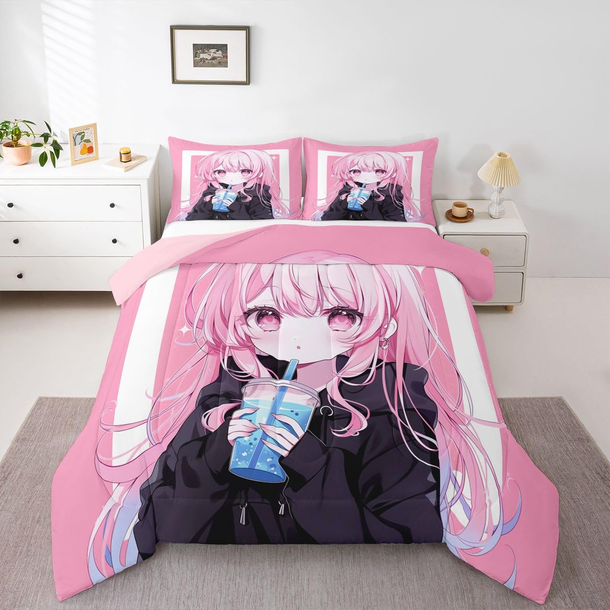 Erosebridal 3D Japanese Kids Comforter Set | Anime Girl Drinking Milk Tea Bedding King,Cute Kawaii Girly Down Comforter Modern Fashion Aesthetic Duvet Set for Bedroom