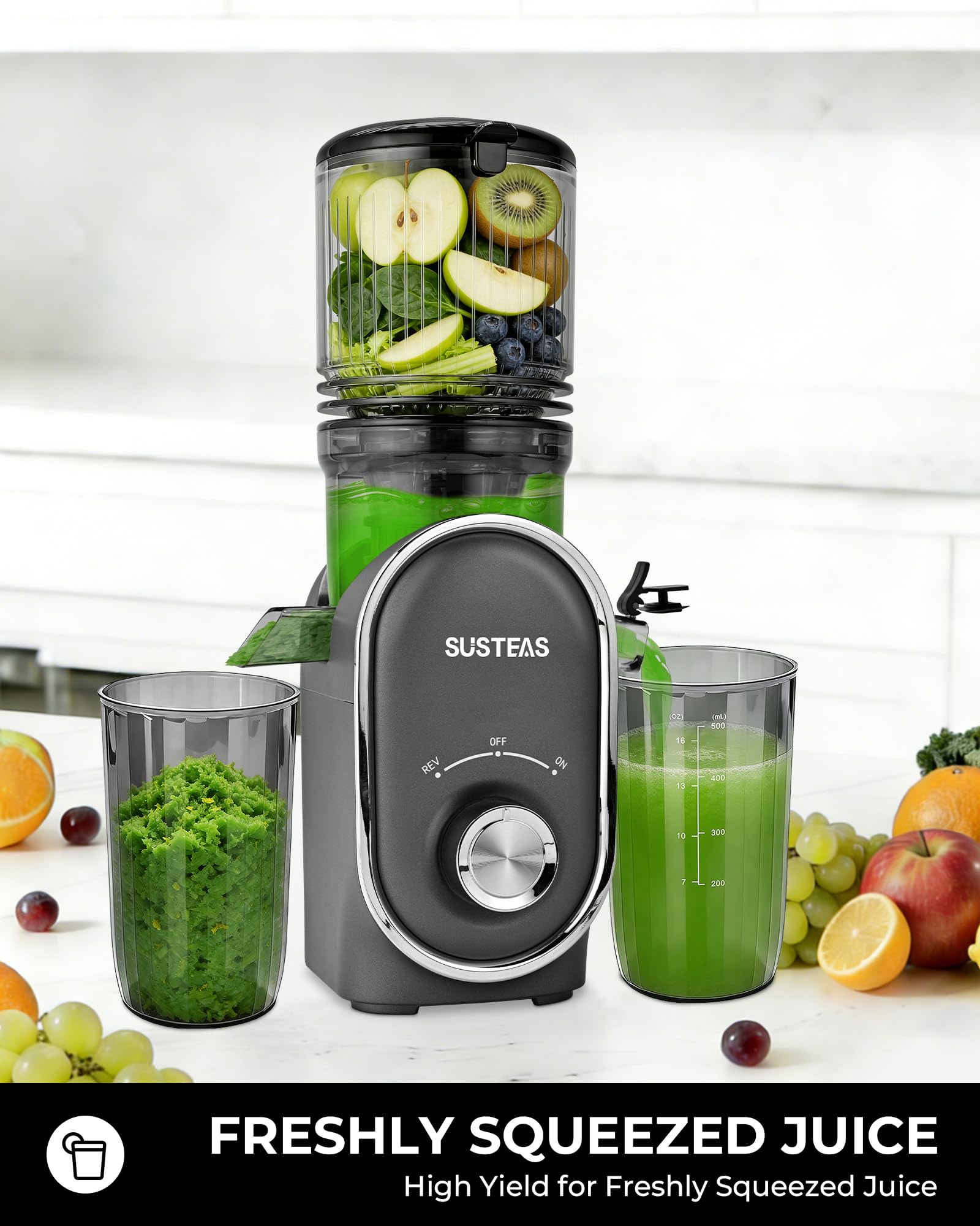 SUSTEAS Máquinas exprimidoras de prensa en frío, canal de alimentación de 13,5 cm (capacidad de 1,5 L), extractor de zumo de masticación lenta de 300 W para frutas y verduras enteras, alimentación
