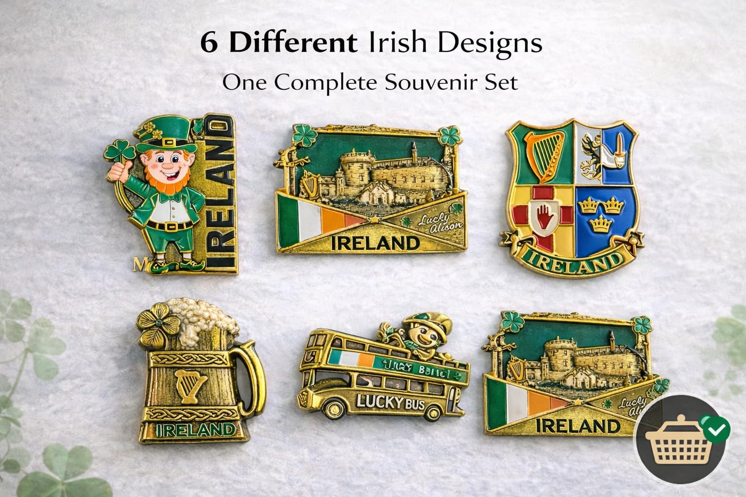 Set di 6 calamite da frigorifero in metallo smaltato, design irlandese, leprechaun Dublino Shield, boccale da birra, autobus fortunato, souvenir (magnete6)
