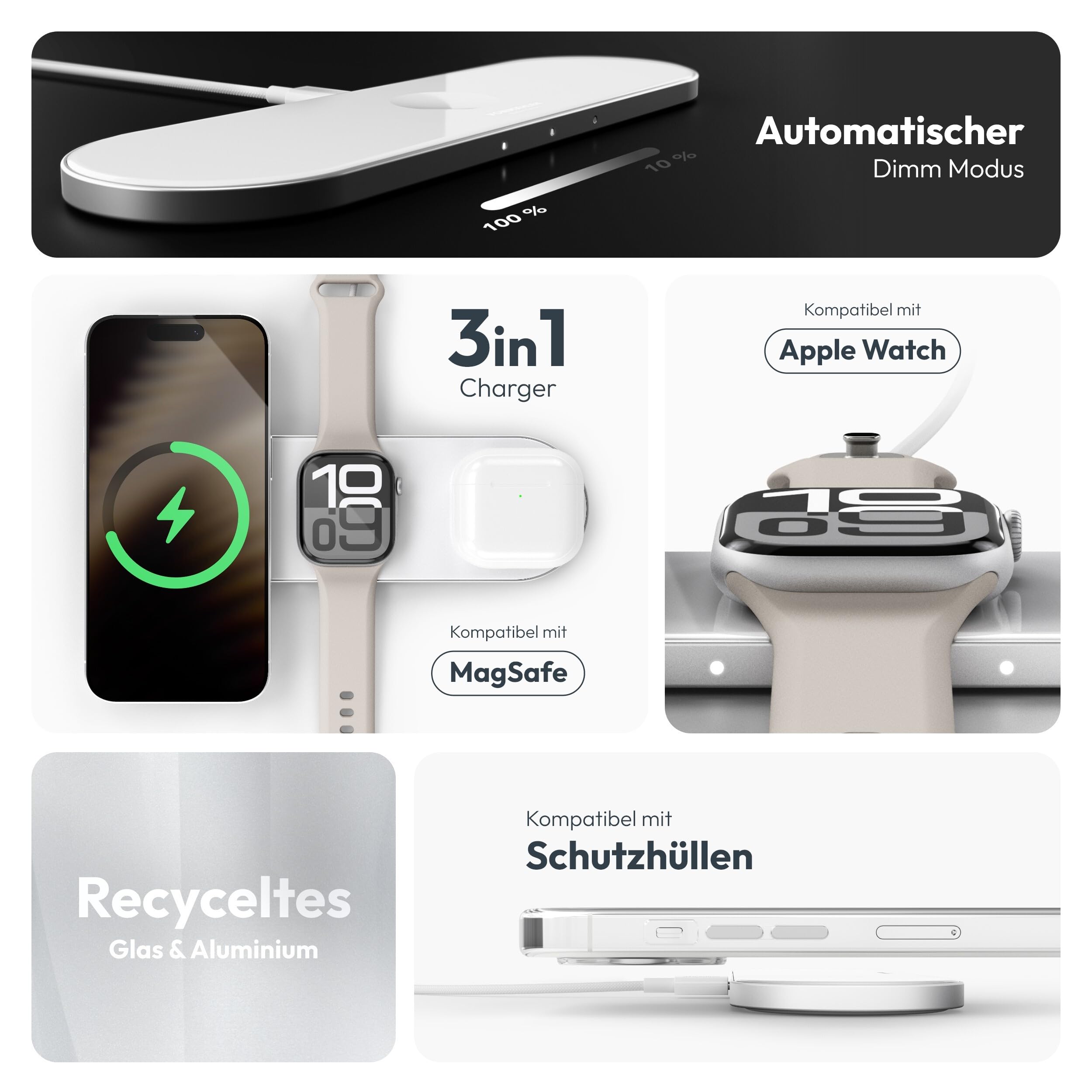 VONMÄHLEN Aura Home - Wireless Charging Pad - 3in1 Schnellladegerät, Magnetisches Multi-Gerät-Ladepad, Kompatibel mit Handyhüllen bis zu 7mm, Hochwertige Materialien, Minimalistisches Design - White