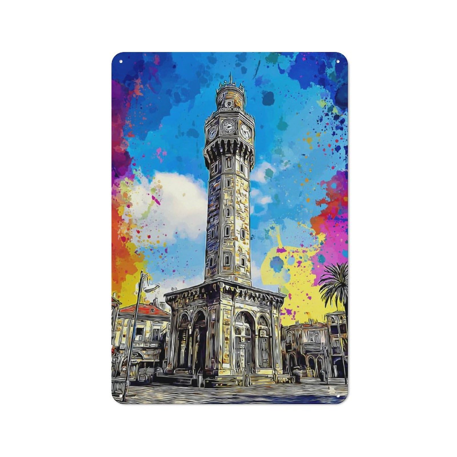 Junmoney Colorful Cityscape With Clock Tower Tin Wall Plaque 30X20cm With For Hallway Wall, For Home Interiors, Feature Walls And Decorative Displays