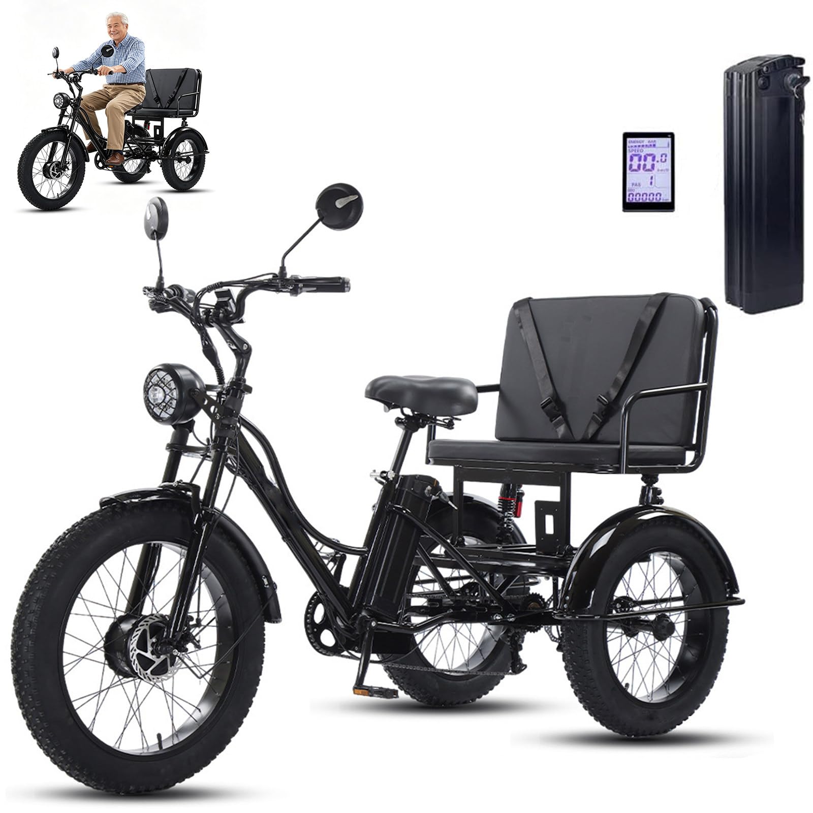 Triciclo Eléctrico para Adultos Mayores Scooter de Movilidad Ejercicio Compras 24 Pulgadas Carga 200Kg Altura Ajustable Asiento Cesta Trasera Azul