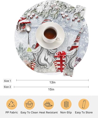 Miniatura 7 de Juego de 2 manteles individuales redondos trenzados, antideslizantes, gnomos de Navidad, copos de nieve, caja de regalo, agujas de pino de Navidad,