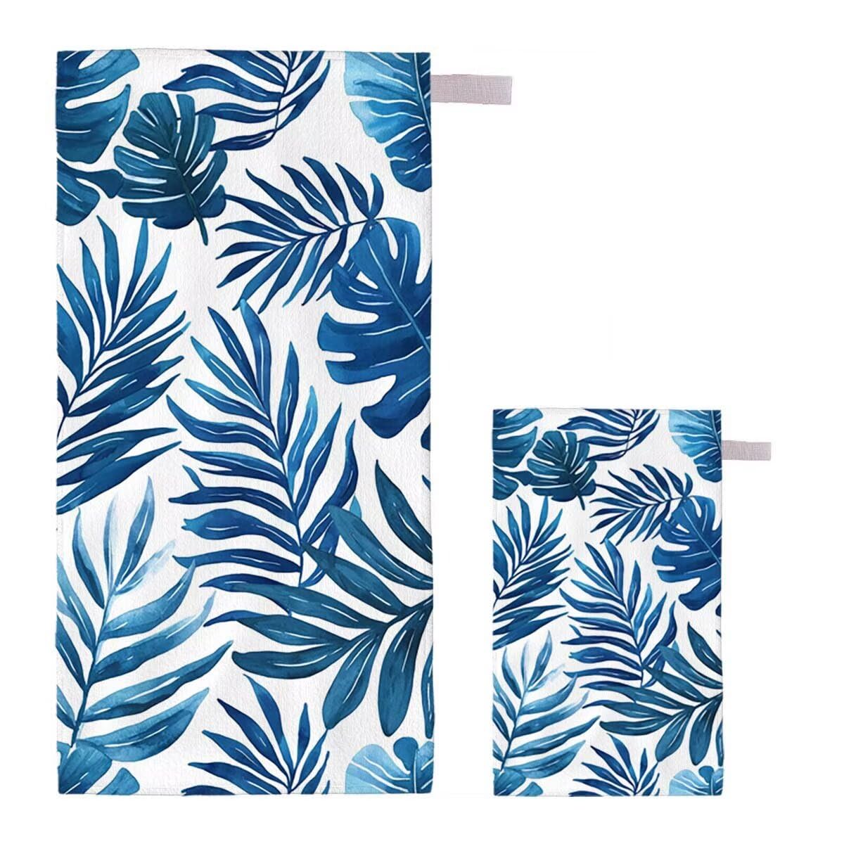 Telo Mare Microfibra 2 Set Telo Mare Grande 220x100cm/35x70cm Asciugamano Palestra Uomo, Leggero Antisabbia Asciugatura Rapida Vacanze Teli da Spiaggia per Piscina, Regalo Donna Uomo (Foglie) F-11
