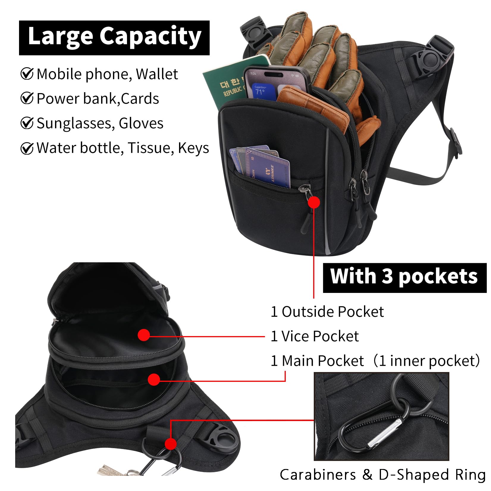 Marsupio da Gamba Moto Uomo e Donna Espandibile Borsa da Gamba con 2 Riflettente Marsupio Cosciale Borsello Sportivo con Multitache per Trekking Ciclismo Viaggio Campeggio Pesca (nero)