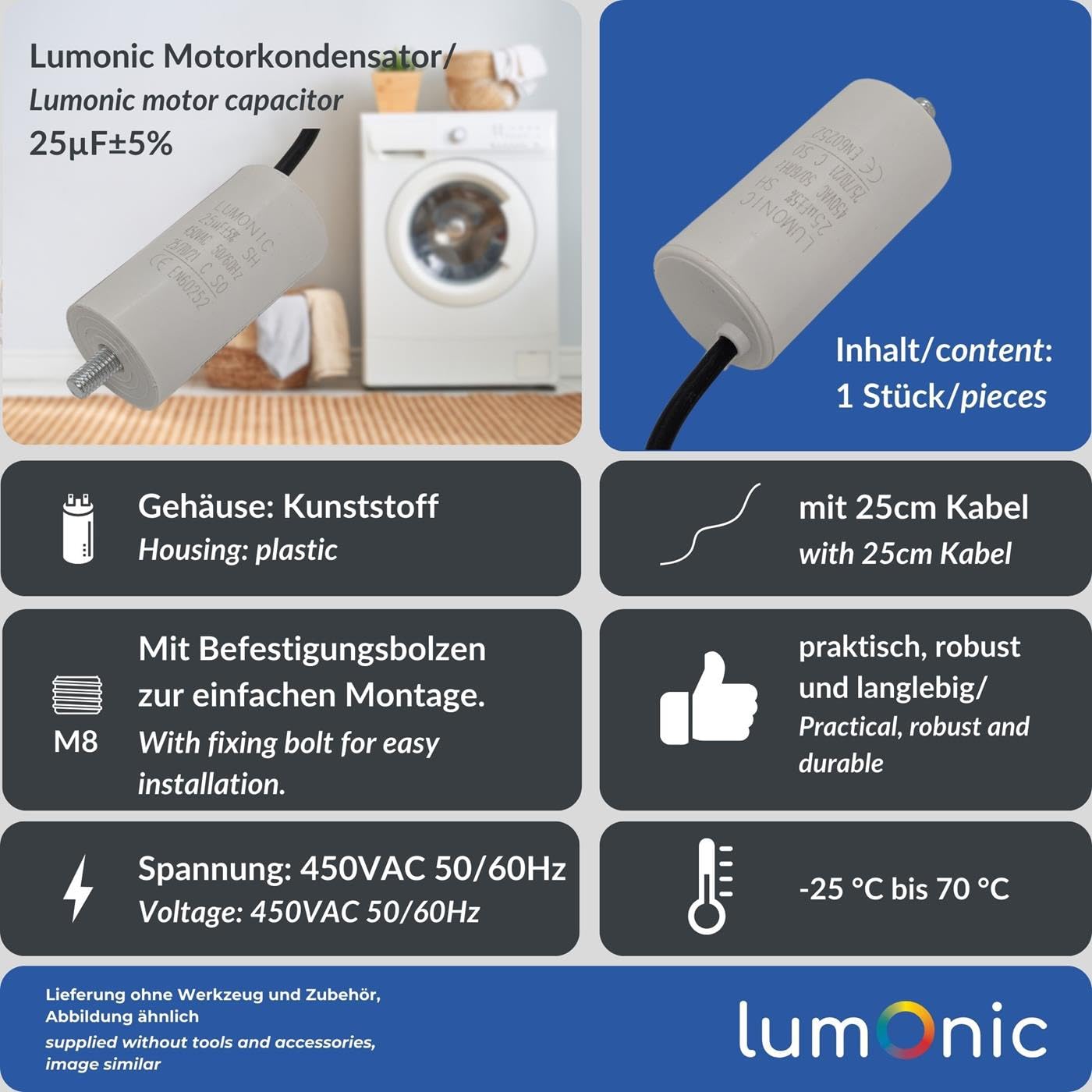 Condensateur De Démarrage Moteur 30µF 450V Avec Fils - Pour Tondeuse, Pompe, Machine à Laver