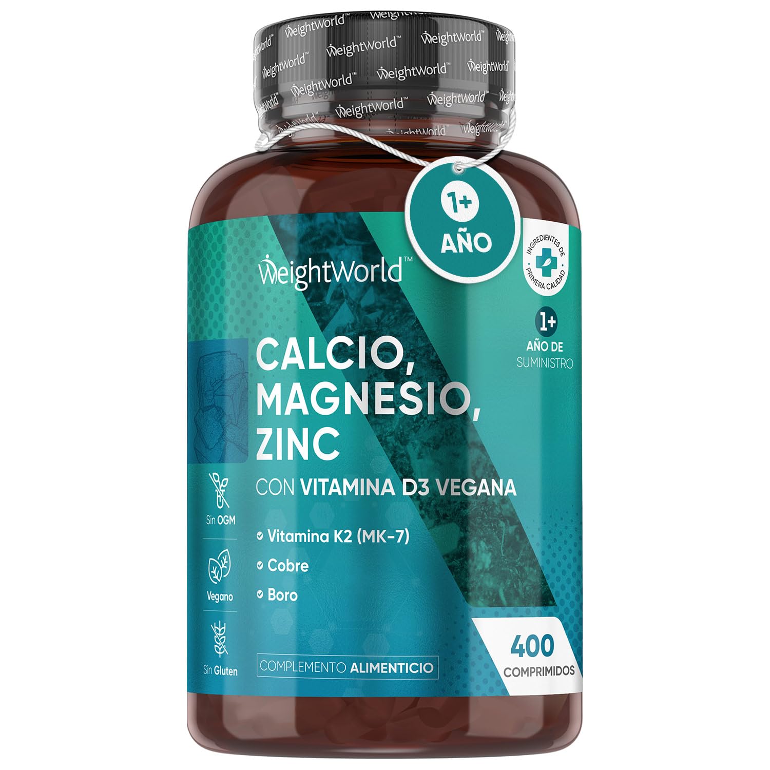 Calcio, Magnesio, Zinc y Vitamina D3, 400 Comprimidos Veganos (Más de 1 Año), Mantenimiento de Huesos, Sistema Inmunológico, Muscular Normal, Con Selenio, Vitamina K2, Manganeso, Boro y Cobre, Sin OGM