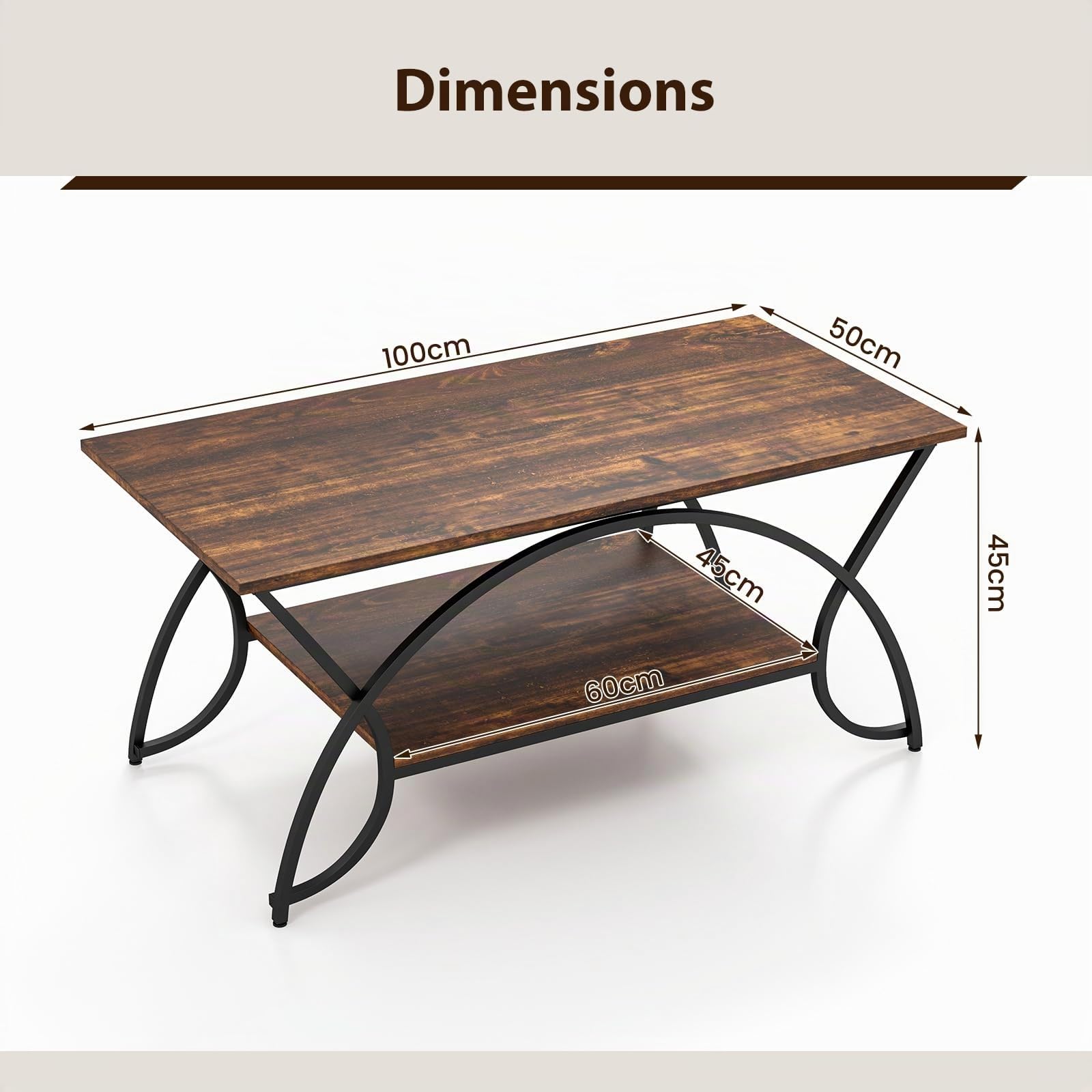 COSTWAY Table Basse Salon Rectangulaire 2 Niveaux, Table Basse avec Cadre en Métal Noir, 2 Plateaux Design Rustique, Style Industriel, 100 x 50 x 45 cm(Marron Rustique)