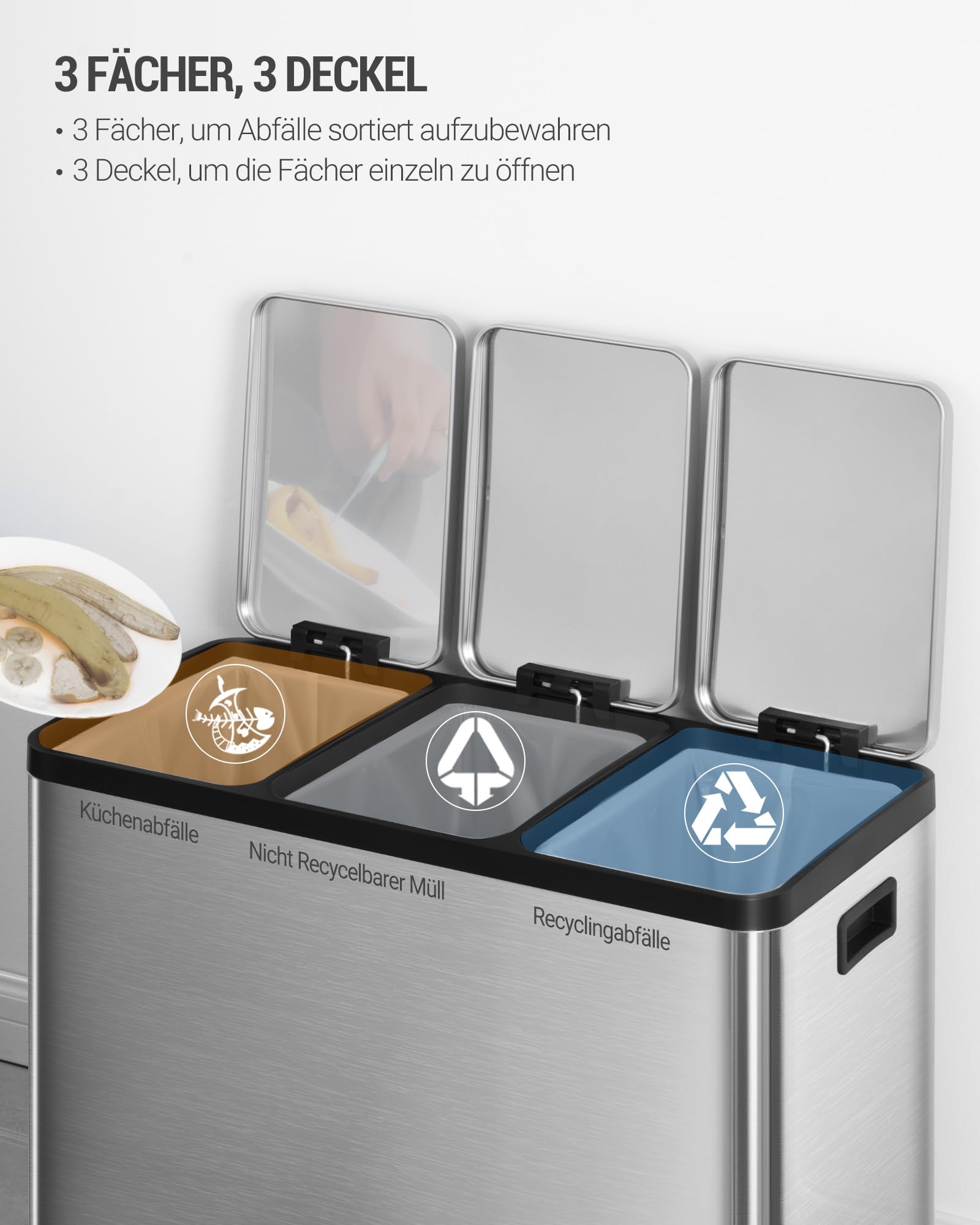 Hzuaneri Mülleimer Küche, Mülltrennsystem 3 Fächer 45L (3 x 15 L), Edelstahl-küchenmülleimer, Tretmülleimer mit Farbcodierbaren Pedalen, Abfalleimer Ruhiger Langsamer Abstieg, Silber SW04599E