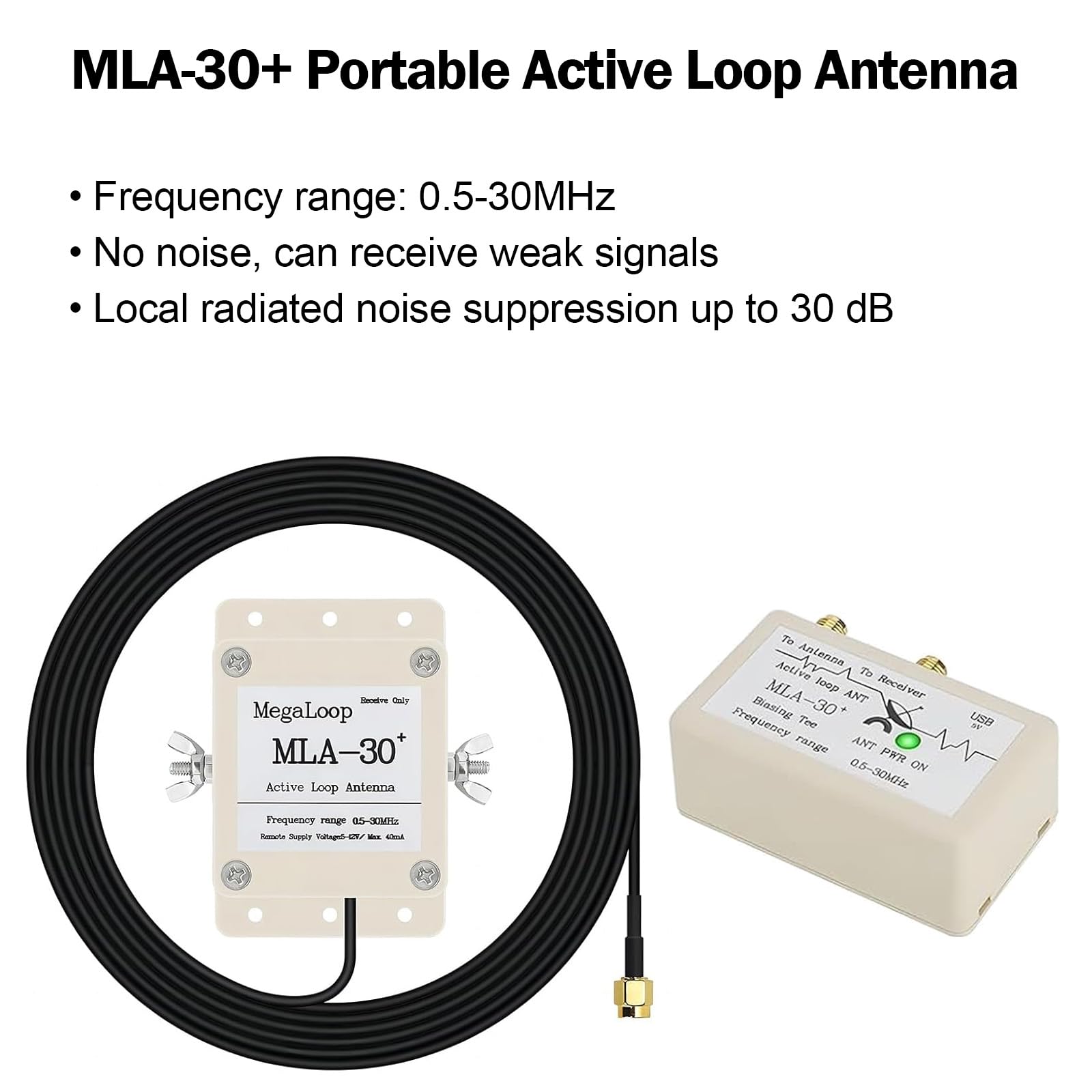 AURSINC MLA-30+ Tragbareraktiver Schlingenantenne 50 kHz–30 MHz mit 10 m Langer Speiseleitung, für HF-Kurzwellenrundfunk, eingebauter Niederrauschverstärker, geeignet für Dachinstallation oder Balkon