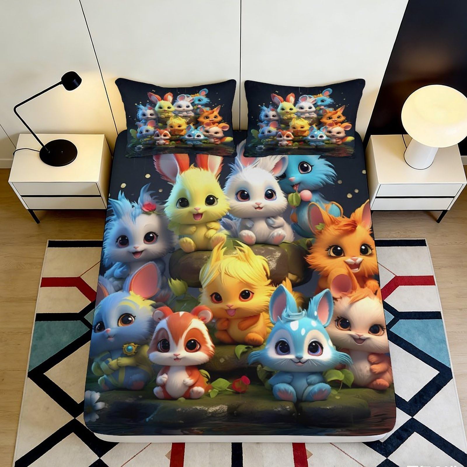 3D Printed Cute Bunny Animal Fitted Sheet Microfiber Soft Breathable Fantasy Forest Bed Cover for Bedroom Dorm Decor 90x200x25cm